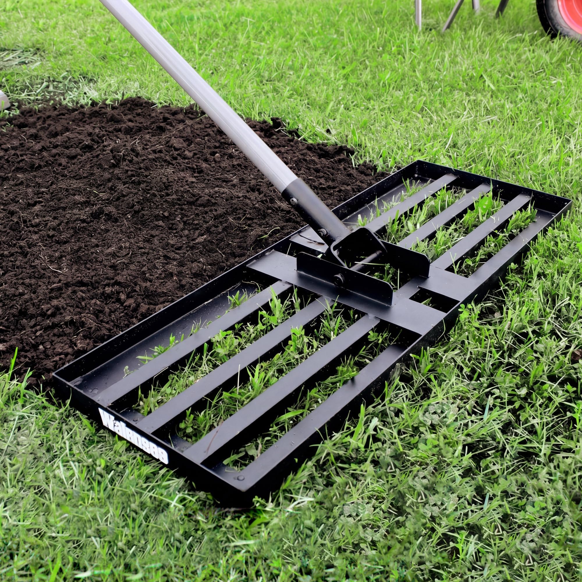 Walensee Lawn Leveling Rake, Levelawn Tool, Heavy Duty Effort Saving Lawn Level Tool, Steel Handle Lawn Leveler for Yard Garden Golf Course , Ease Level Soil Sand Dirt Surfaces, 7FT 30"x10"