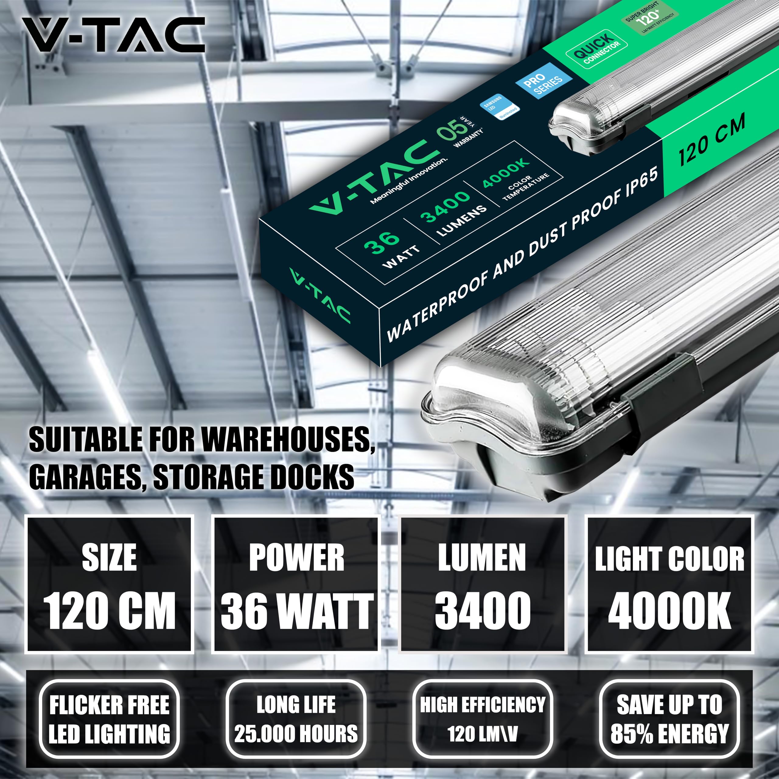 V-TAC 4x Plafoniera LED Impermeabile Doppia 120 CM - 36W - [ Chip Samsung ] - 4 PEZZI - Lampada 3400 Lumen IP65 per Soffitto, Parete, Garage, Magazzino - Doppio Tubo - Luce 4000K Naturale