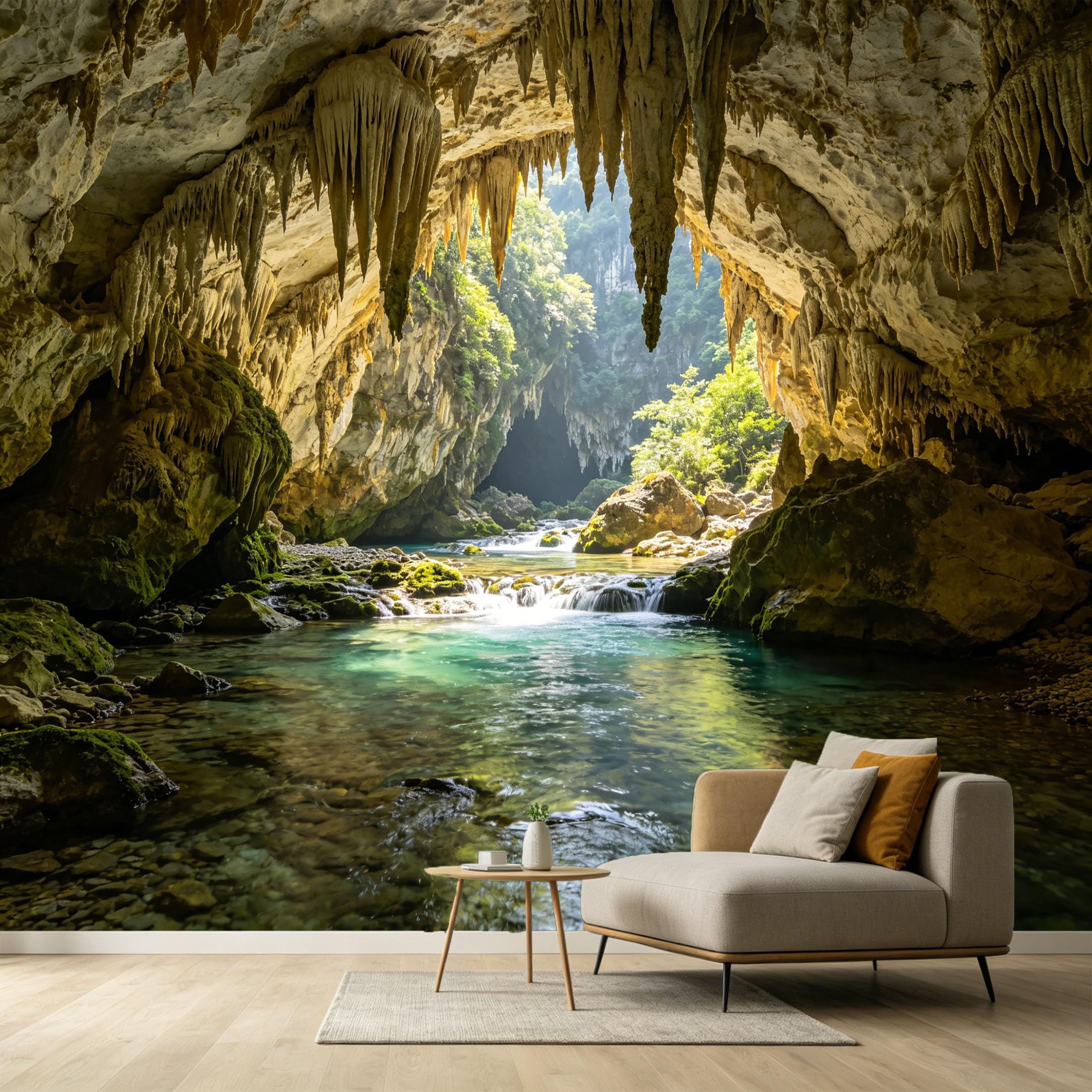 Custom Size Wall Murals Limestone Cave River Landscape 3D Trompe L'Oeil Stalactites Nature Scenic SelfAdhesive Wall Fabric Removable Large Wallpaper for Photo Living Room