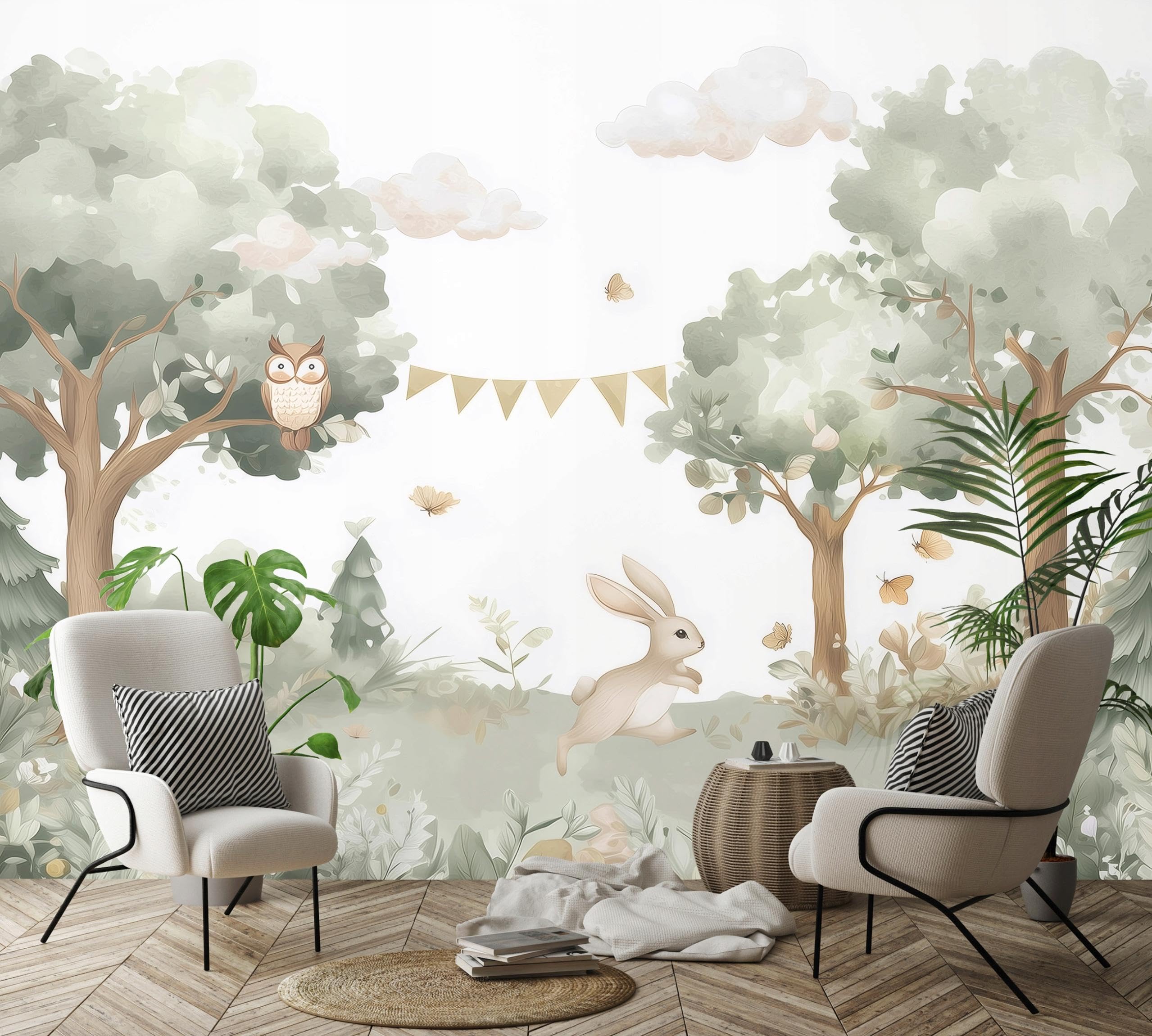 WallArena - Vlies Fototapete Kinderzimmer 400x280 cm Wald Tiere - Fototapeten Tapeten für Kinder Mädchen & Jungen - Kindertapete - Kinderzimmertapete Landschaft weiß grün Hase