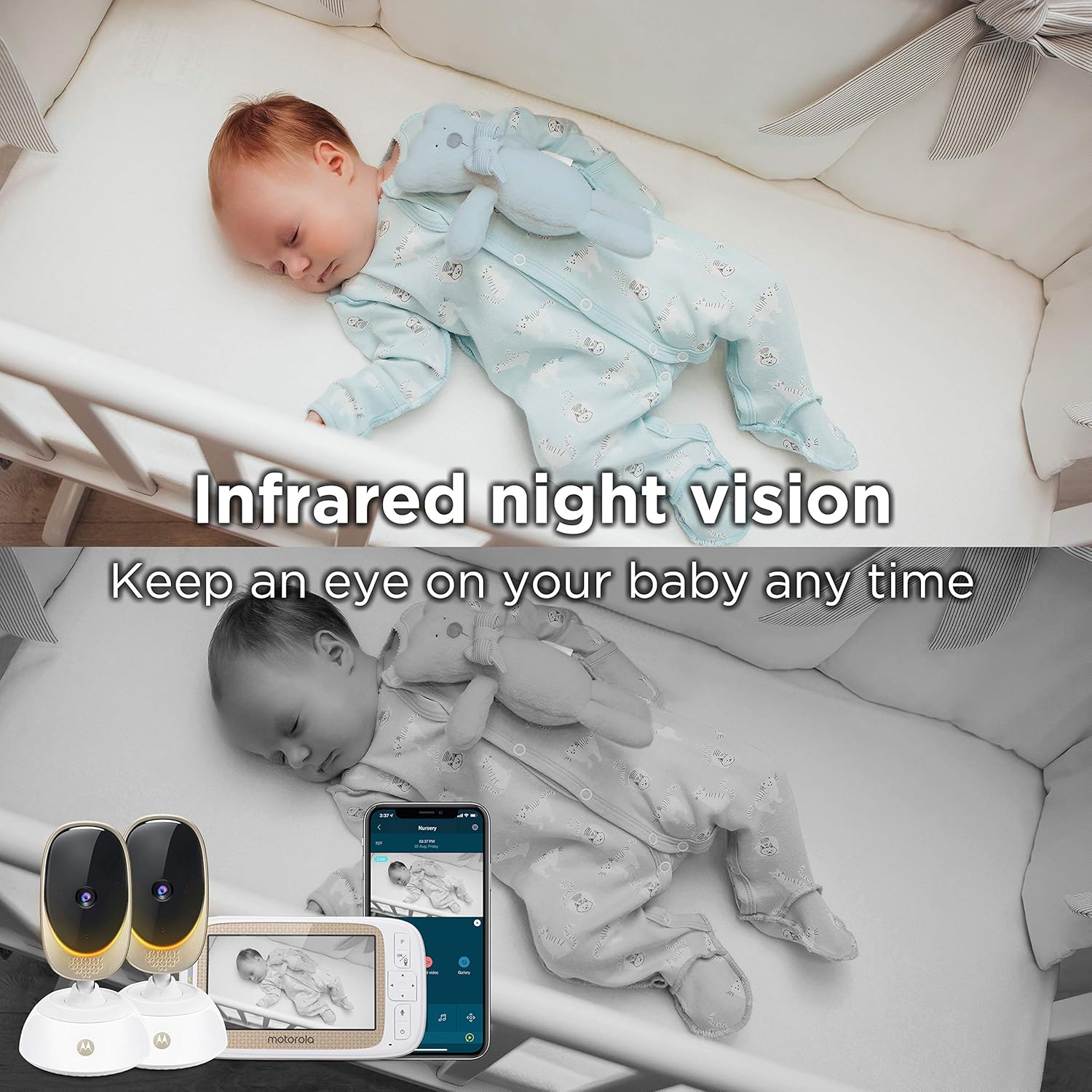 A split image showing a baby sleeping in a crib, with the top half in color (day vision) and the bottom half in black and white (infrared night vision).