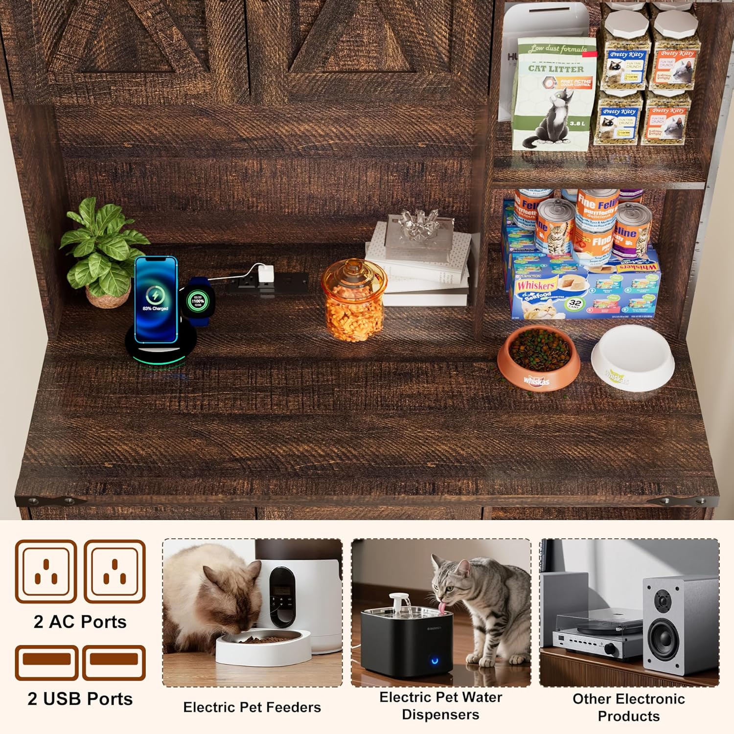 71Inches Tall Cat Litter Box Enclosure for Cats W/Power Outlets,Open Shelves.Wooden Pet Washroom Furniture W/Locks,Cabinet.Indoor Cats House,Hidden Cat Litter Box for Living Room,Bedroom(Brown-3)