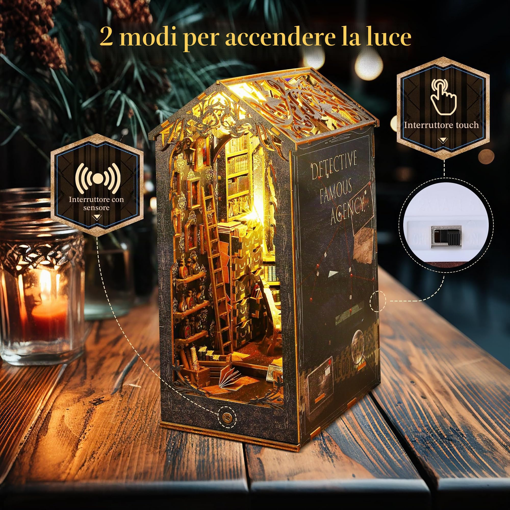 Kit angolo libri per casa delle bambole, kit angolo libri in miniatura fai da te con luci a LED, kit di costruzione di modelli in legno per casa delle bambole