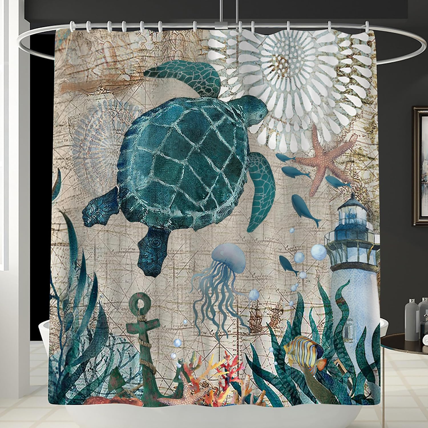 4Pcs Sea Turtle Shower Curtain Sets, Ocean Turtle Bathroom Sets with Shower Curtain and Rugs Durable Waterproof Curtains with 12 Hooks