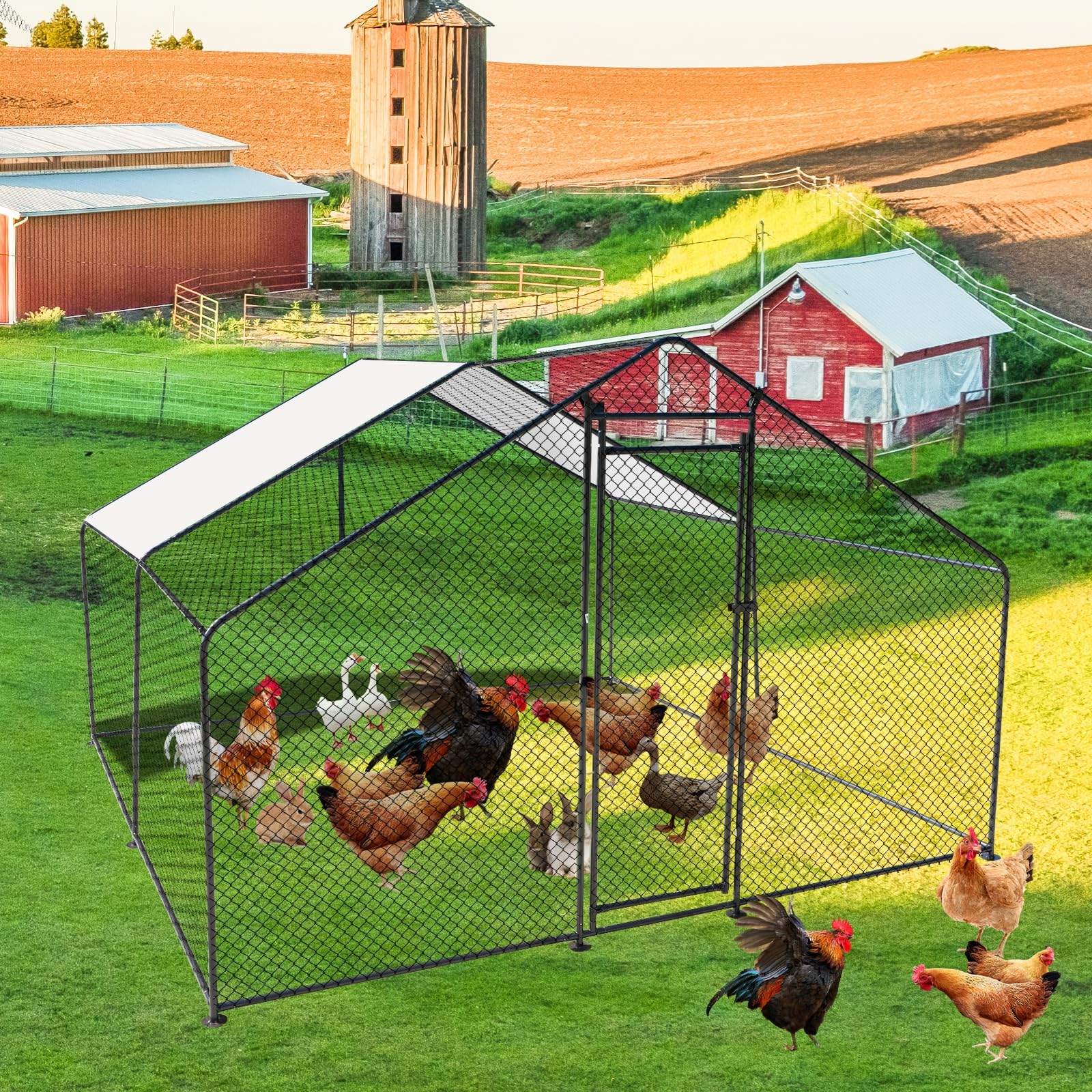 9.8'L x 9.8'W x 6.6'H Large Chicken Coop, Metal Chicken Run, Walk-in Chicken Pen Poultry Cage House with Waterproof and Anti-Ultraviolet Cover for