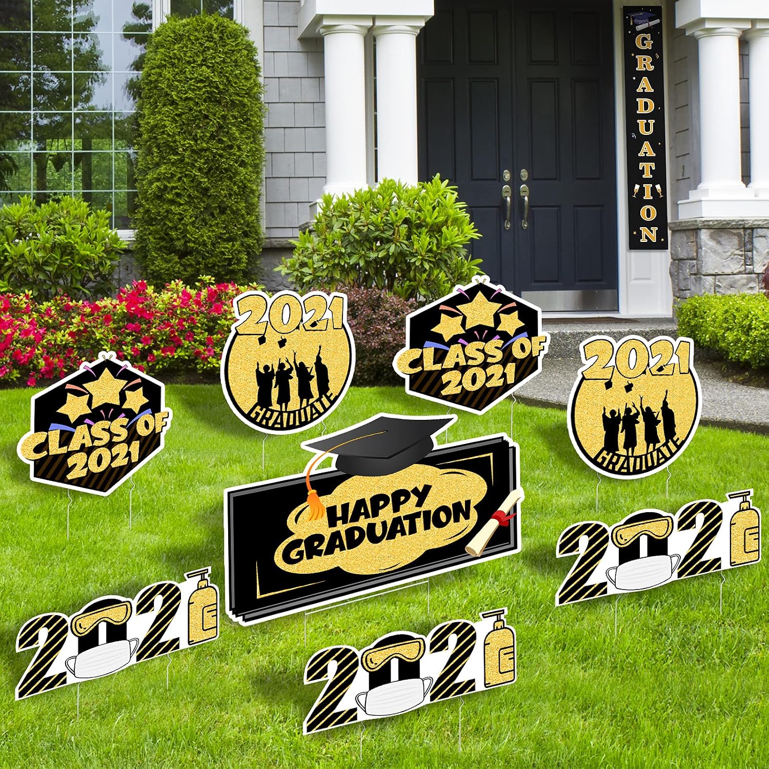 GaraTia Graduation Decorations Yard Signs with Stakes Includes Hanging Flags Class of 2021 Outdoor Lawn Decorations