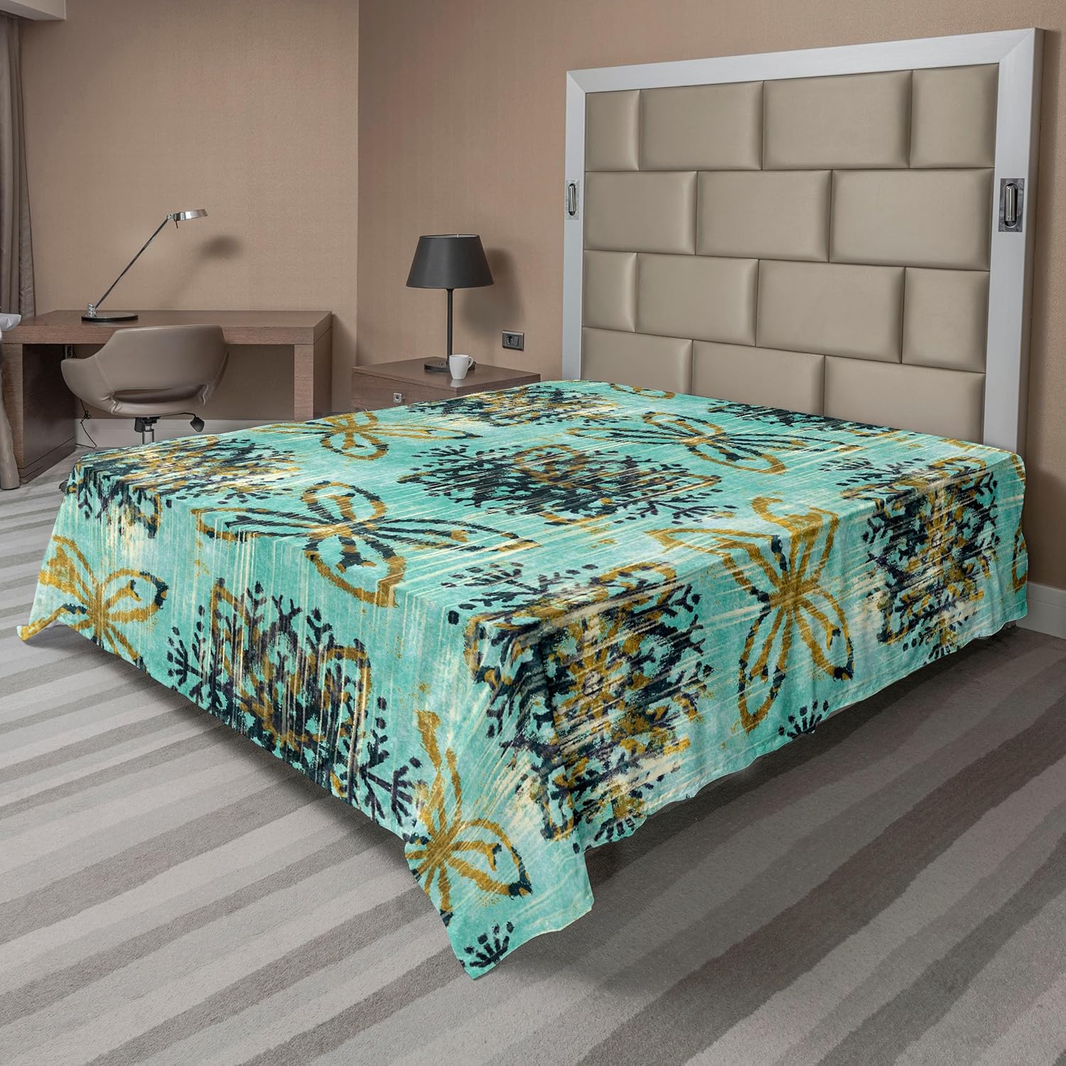 Ambesonne Bohemian Flat Sheet, Boho Art Pattern Tribal Inspired Ethnic Ornaments with Grunge Feels, Soft Comfortable Top Sheet Decorative Bedding 1 Piece, Queen Size, Turquoise and Pale Coffee