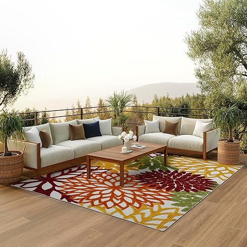 Nourison Aloha Indoor/Outdoor Red Multi Colored 9'6" x 13' Area Rug, Tropical, Botanical, Easy Cleaning, Non Shedding, Bed Room, Living Room, Dining Room, Deck, Backyard, Patio (9x13)