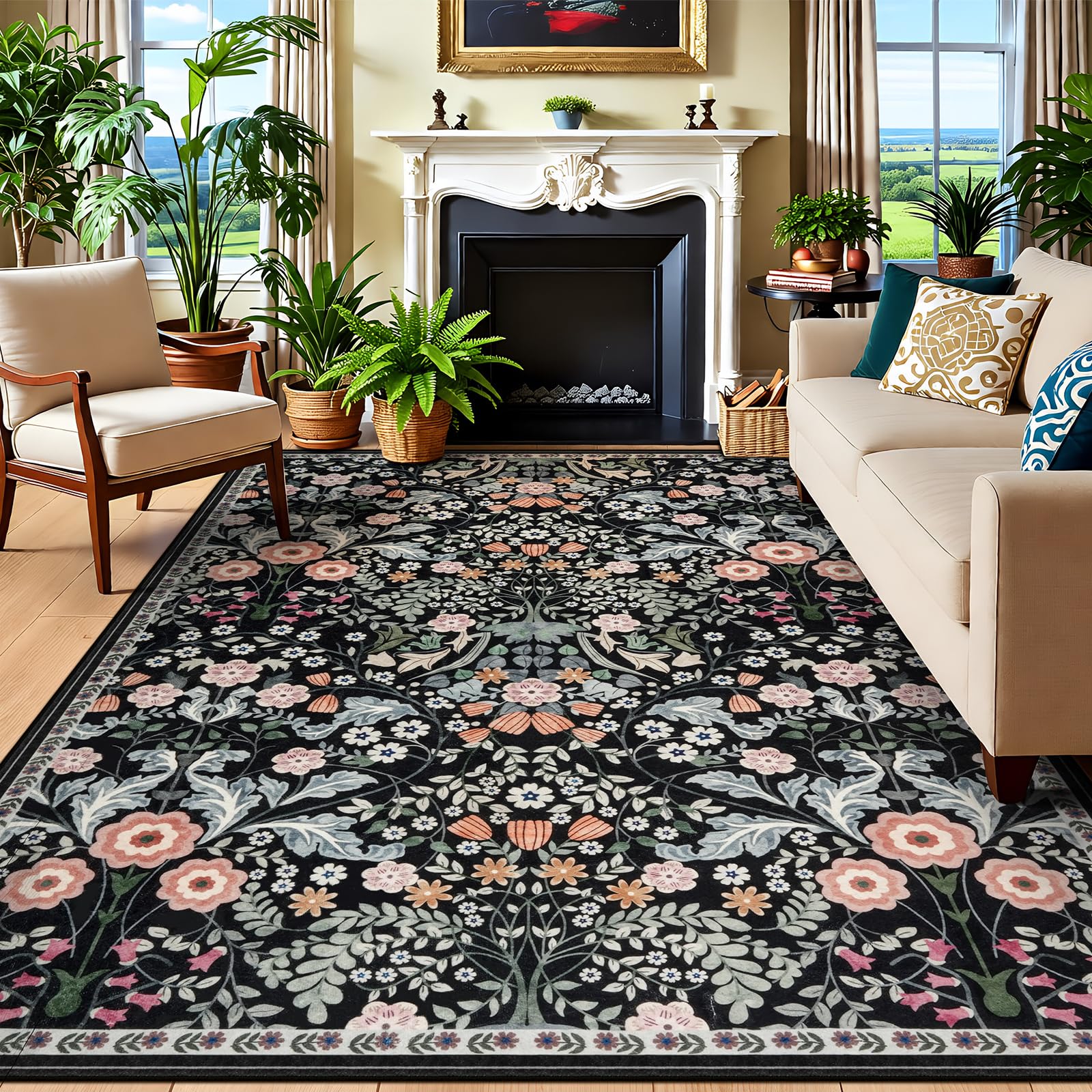 IMIYOKU Groß Teppich Wohnzimmer 200x290cm Waschbar in Waschmaschine Boho Vintage Kurzflor Carpet mit Blumenmuster Weich Antirutsch Rugs for Living Room Schlafzimmer Esszimmer, Grüner Teppich