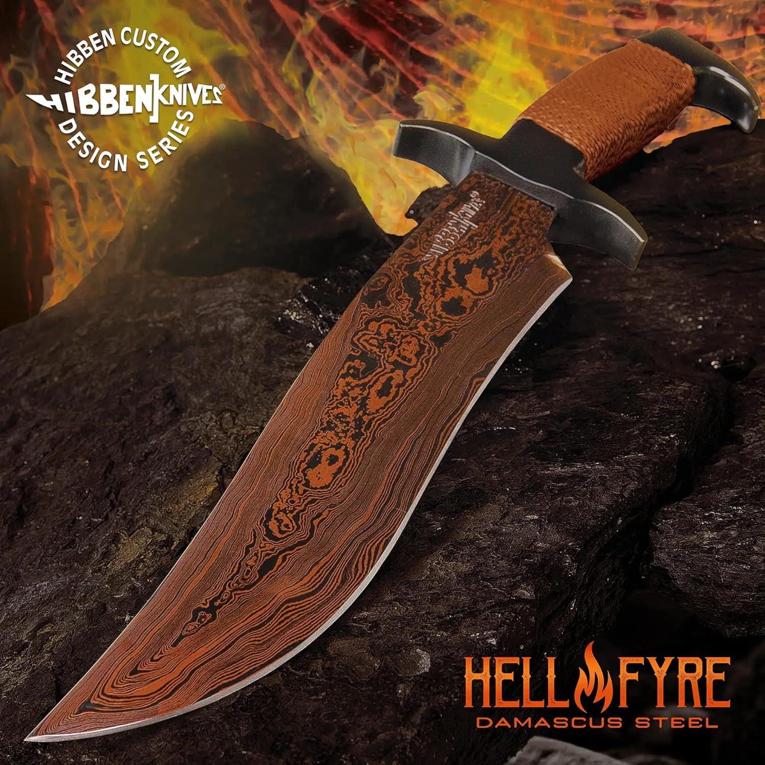 Gil Hibben Hellfyre Highlander Bowie Knife with Leather Belt Sheath - Damascus Steel Blade, Wire-Wrapped Handle, Black Metal Handguard and Pommel, Gotta Have Collectors Dream - Length 13 1/2"