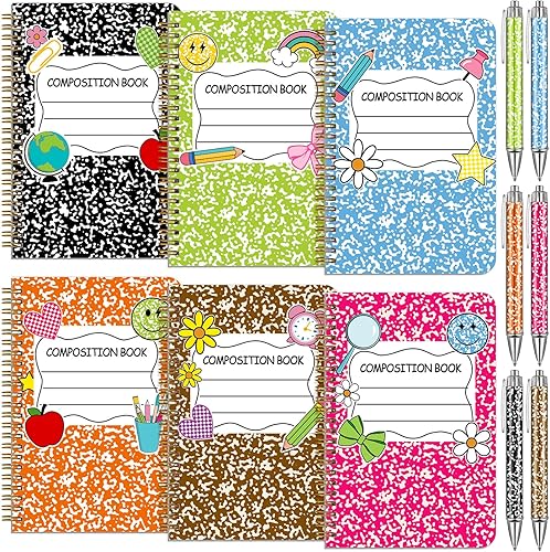 Miniatura 8 de Paquete de 6 cuadernos florales en espiral, diseño de flores silvestres, bonitos cuadernos estéticos de tapa dura a rayas con bolígrafos para