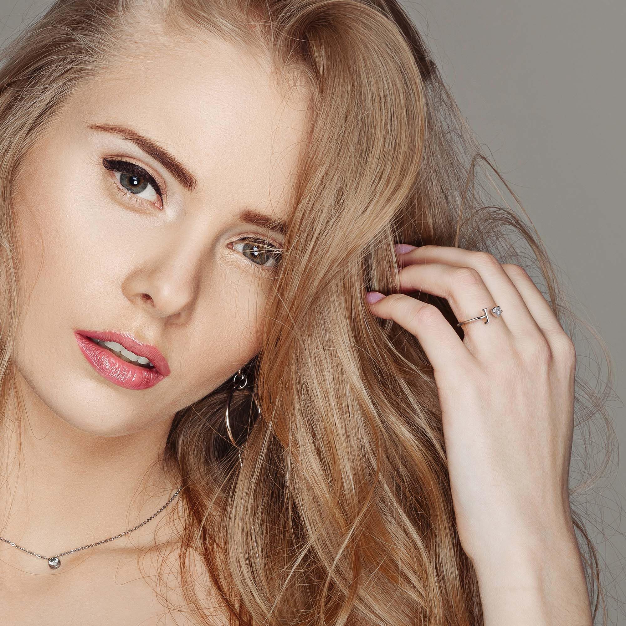 Anillos de plata de ley S925 para mujer, plata de ley con corazón rosa con inicial A-Z, anillos de corazón ajustables para mujer, anillos apilables del alfabeto para mujer, anillos de