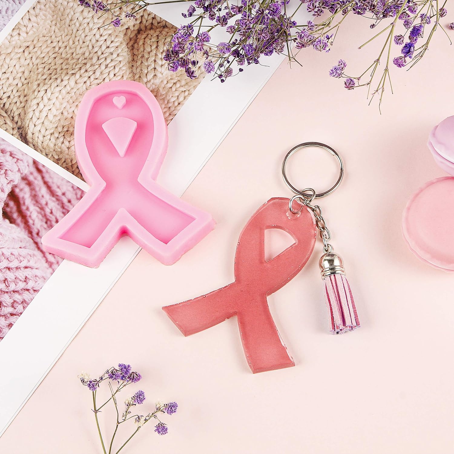 Tanlee 4 Pieces Ribbon Silicone Mold Handmade Awareness Ribbon Silicone Mold with Hole Keychain Silicone Mold for DIY Chocolate, Cake, Pudding, Ice Cream or Keychain