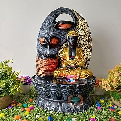 Merupam Buddha Water Fountain for Home Decor with Multicolor LED Light Indoor Water Fountain for Home Decoration Showpiece Office Temple Decor (M-25)