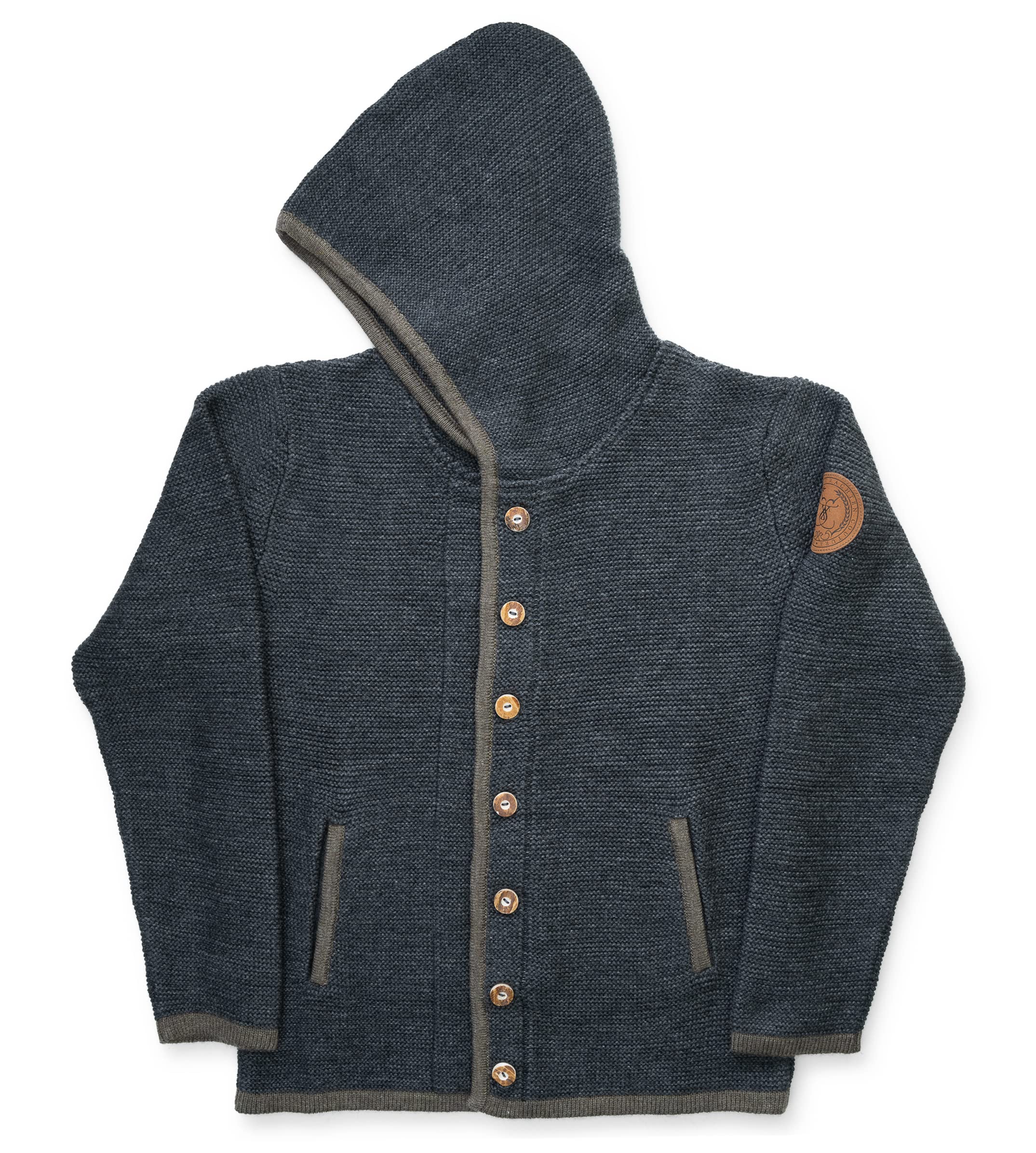 Herren Trachtenjacke mit Kapuze – Trachten-Strick-Jacke aus Wolle – Hoodie Strickjacke Grau/Anthrazit Cardigan - Arvid