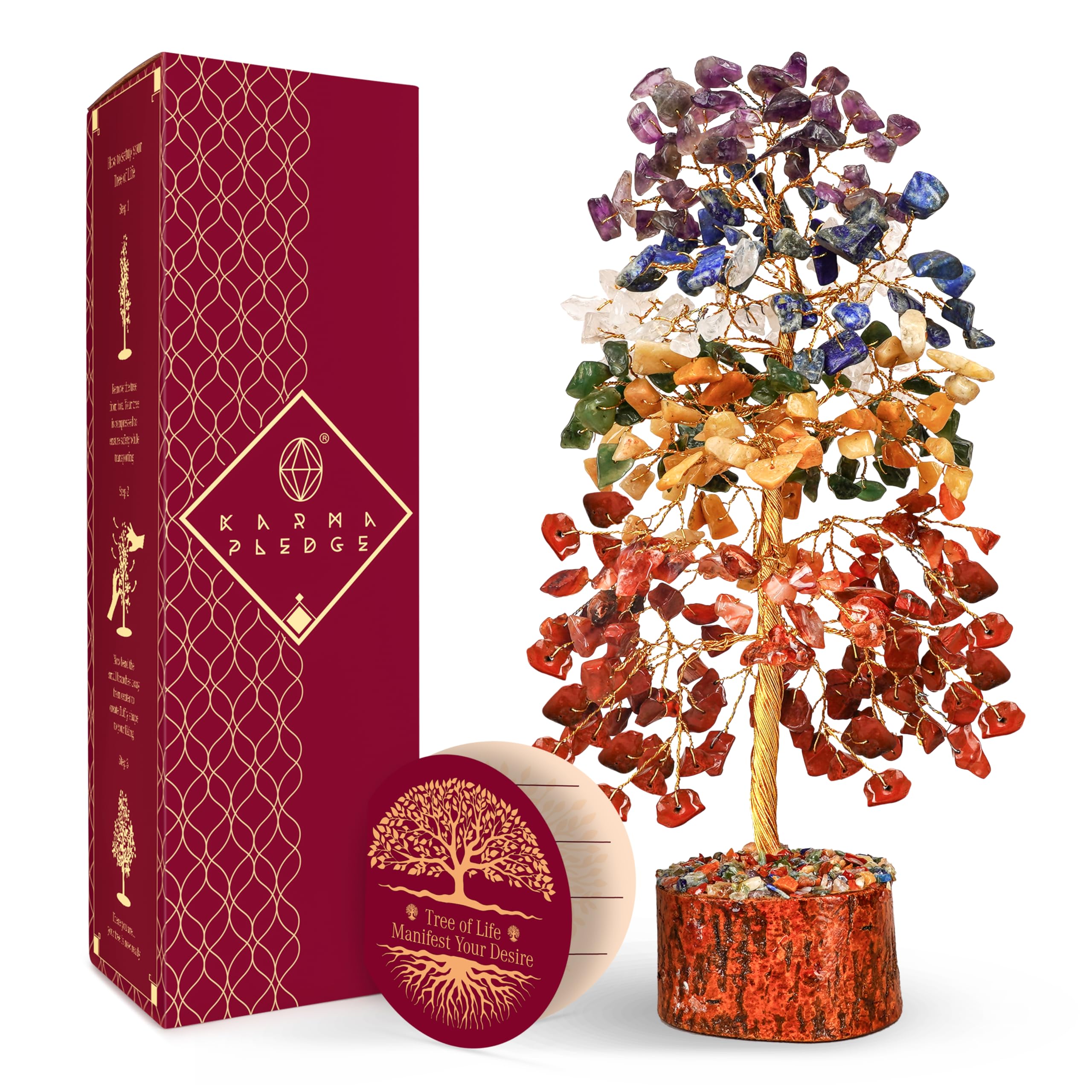 KARMAPLEDGE 7 Chakra Healing Crystal Tree of Life with Manifestation Card, Handmade Golden Wire Crystal Tree for Good Luck, Positive Energy, Wealth, Reiki Healing, and Decor, Gift for Women and Mom