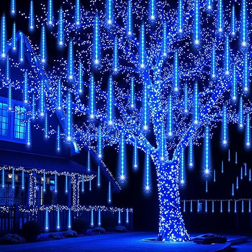 JOYIN Luces de Navidad para exteriores, 8 tubos de luces de lluvia de meteoritos azules, 192 LED, luz de lluvia en cascada de carámbano de nieve