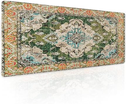 Vintage Rug Mouse Pad XL Green Orange Retro Carpet Aesthetic Extended Table Mat 80X30 cm Non-Slip Rubber Base Stitched Edge Large XL Mousepad for Desk Gaming Laptop Desk Top,31.511.8 Inch