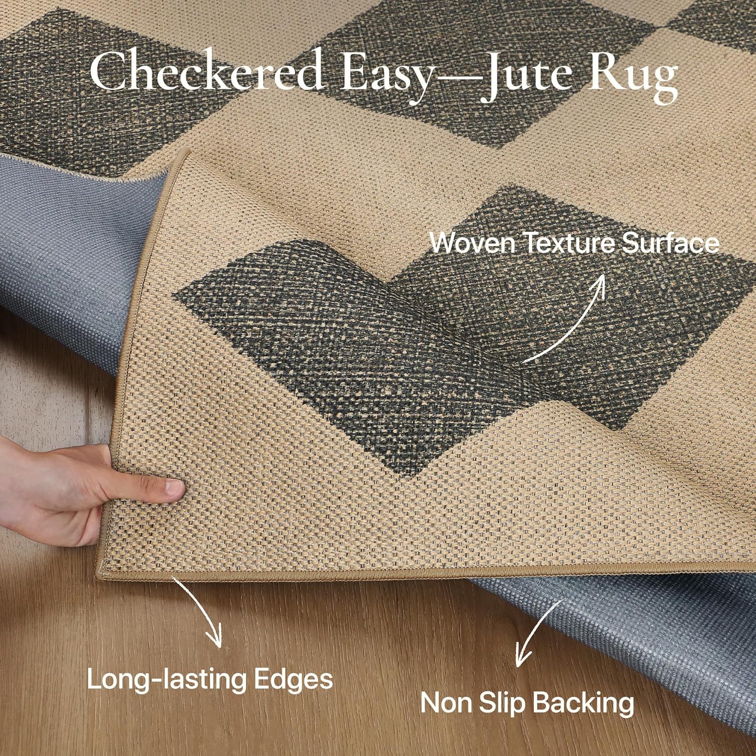 Bavni Checkered Easy Jute Rug,3x5 Area Rug Machine Washable Non Slip Woven Plaid Carpet, Geometric Diamond Non Shedding Low Pile Modern Farmhouse Floor Mat for Living Room, Bedroom, Entryway