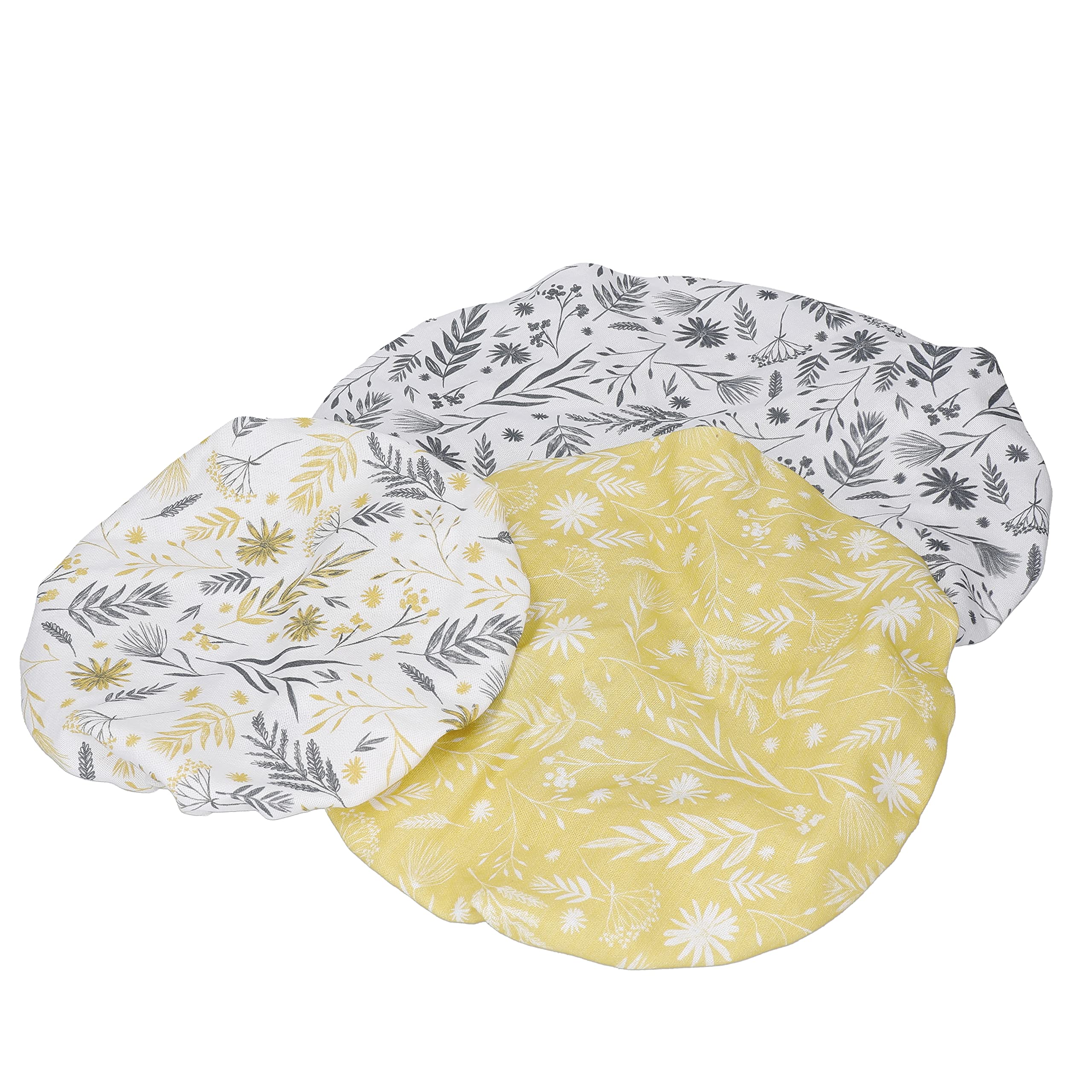 Natural Elements Set of 3 Cotton Stretchy Bowl Lids - Reusable Food Covers - White Leaf Pattern