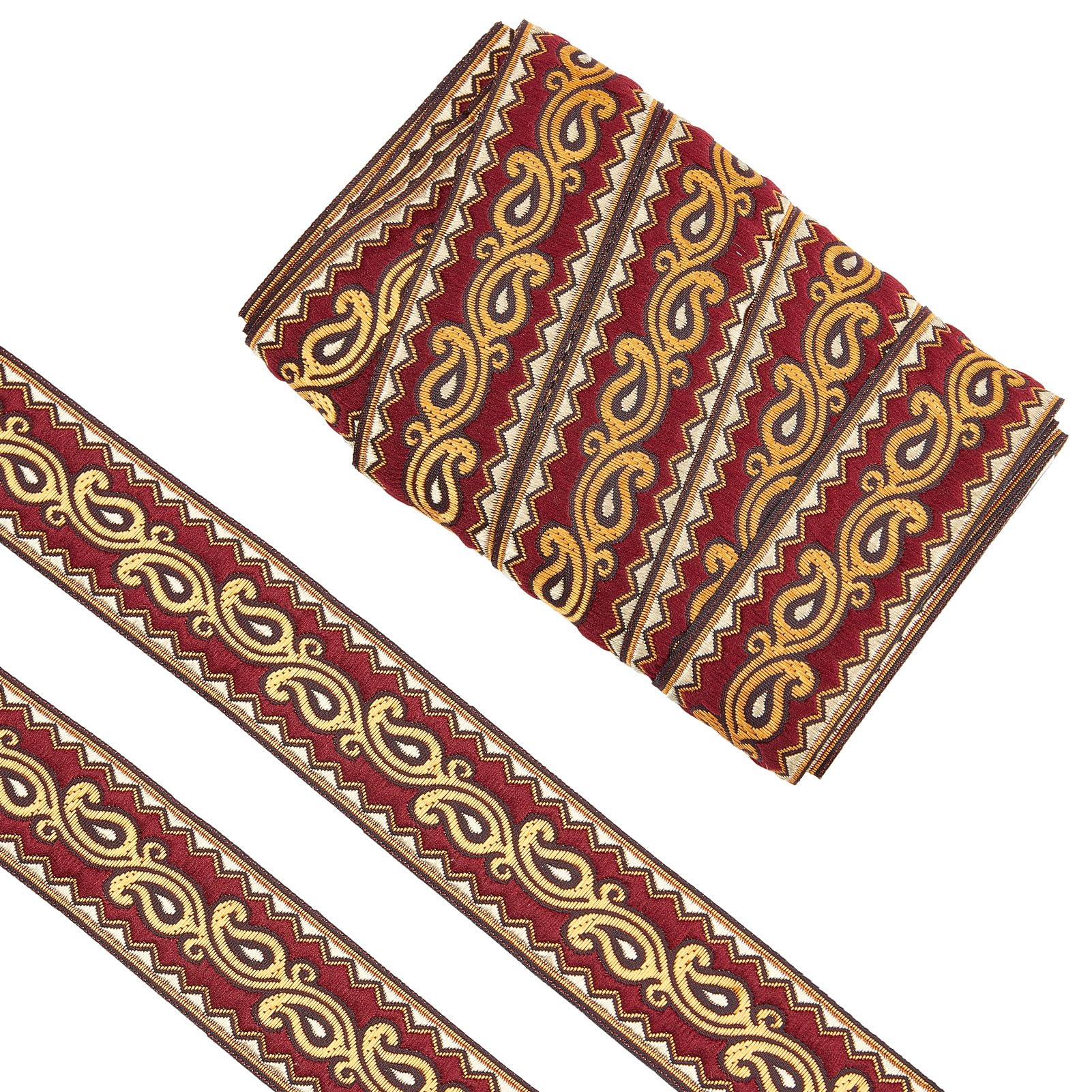 letsinstyle 9 Yards 1.3 Inches Wide Red Gold Embroidery Jacquard Ribbon, Boho Vintage Jacquard Ribbons, Embroidered Trim for Sewing Clothing Ramadan Home Decor Wedding Bag Straps
