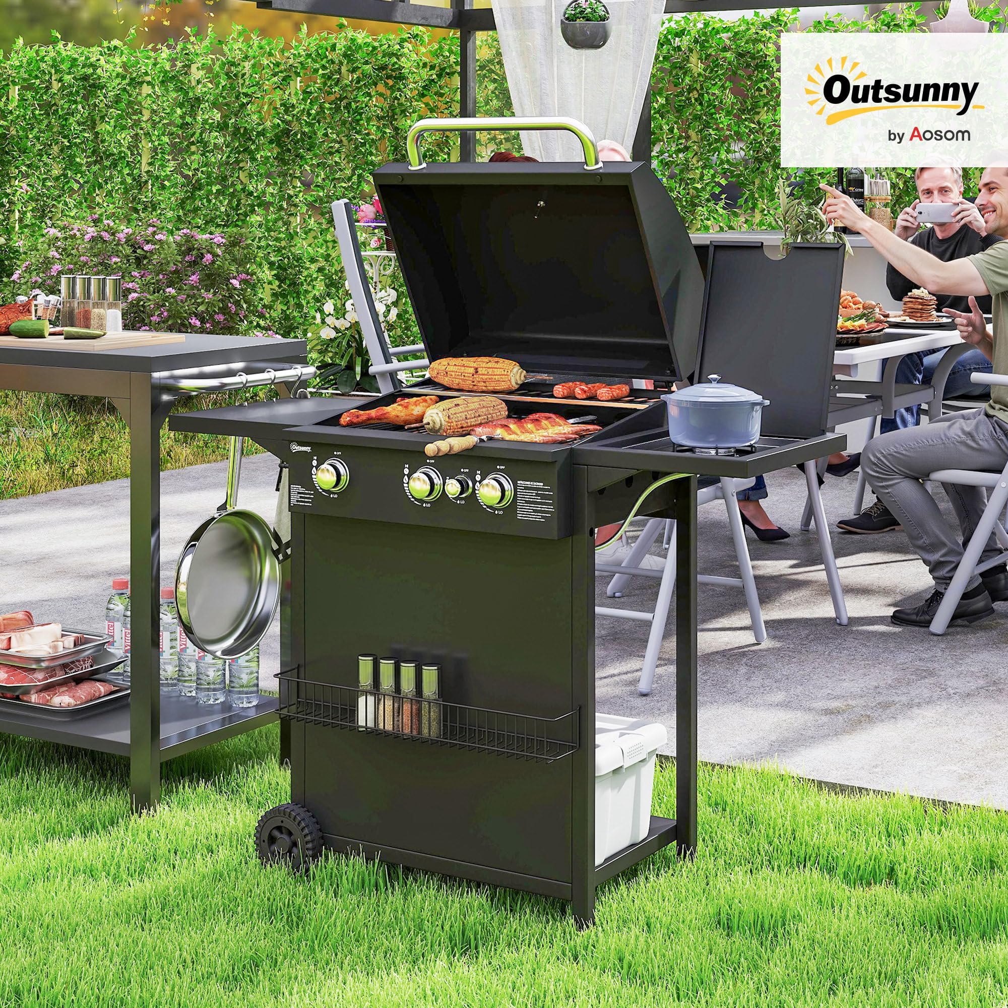 Outsunny Barbecue gaz 3+1 brûleurs en acier, puissance 9,5 kW, barbecue de jardin 2 grilles en chromé, étagères latérales, 2 roues, thermomètre, couvercle, pour camping et terrasse, noir