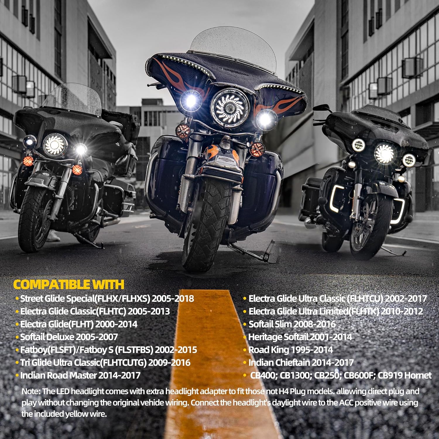 7 Inch LED Headlight Projector Compatible with Touring, Street Glide, Road King, Electra Glide - White/Amber Whirlwind Halo DRL, High/Low Beam for Softail Heritage