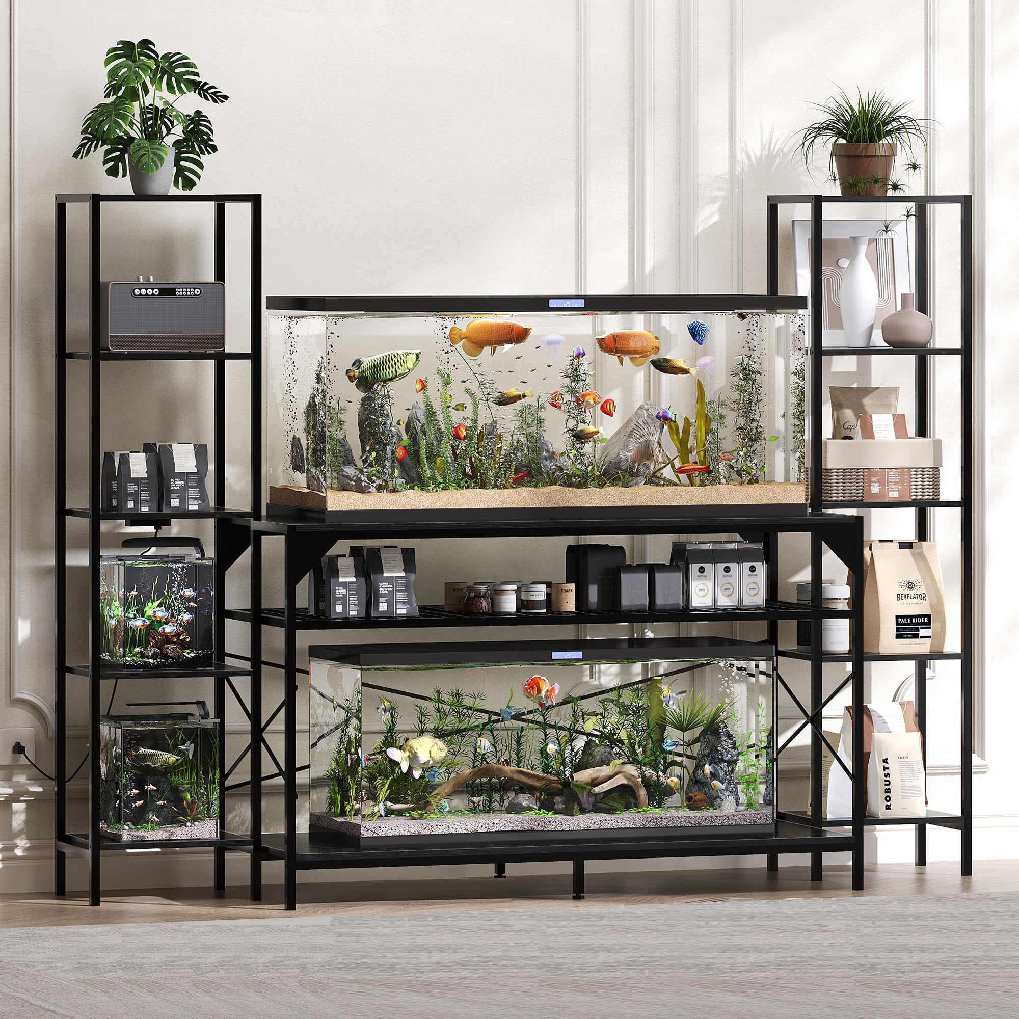 Garvee Soporte Reforzado para Acuario 20-90 Galones – Estructura Metálica con 12 Patas y 4 Estantes – Capacidad 390kg – con Enchufe Eléctrico – Mueble para Peceras y Terrarios – Salón y Hogar –