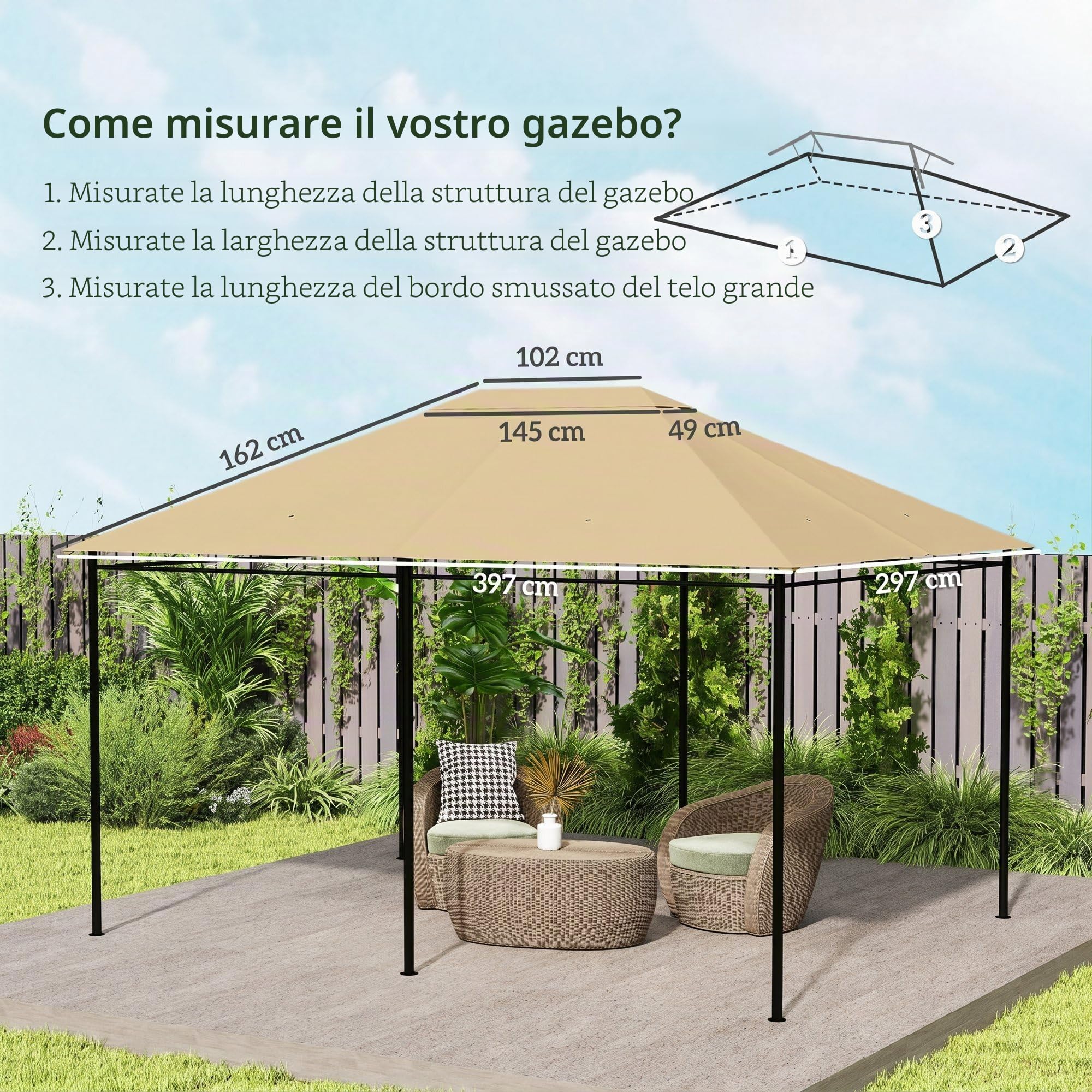 Outsunny Tessuto di ricambio per gazebo da giardino tenda di ricambio in poliestere ad alta densità 180 g/m² anti-UV 3 x 4 m