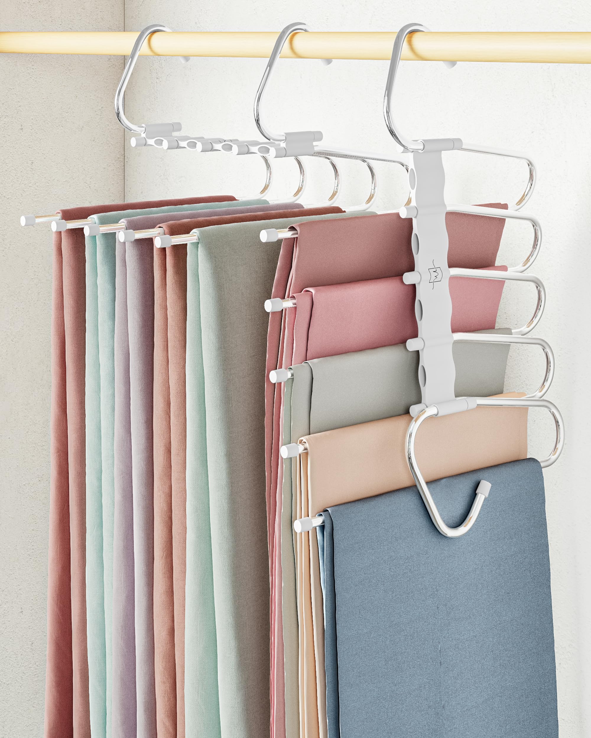MORALVE Trousers Hangers Space Saving - 4 Pack - Non-Slip Multi-Layer Space Saving Hangers - Multifunctional Clothing Rack for Closet Storage - Ideal for Jeans, Pants, Skirts, Scarves & Slacks (White)