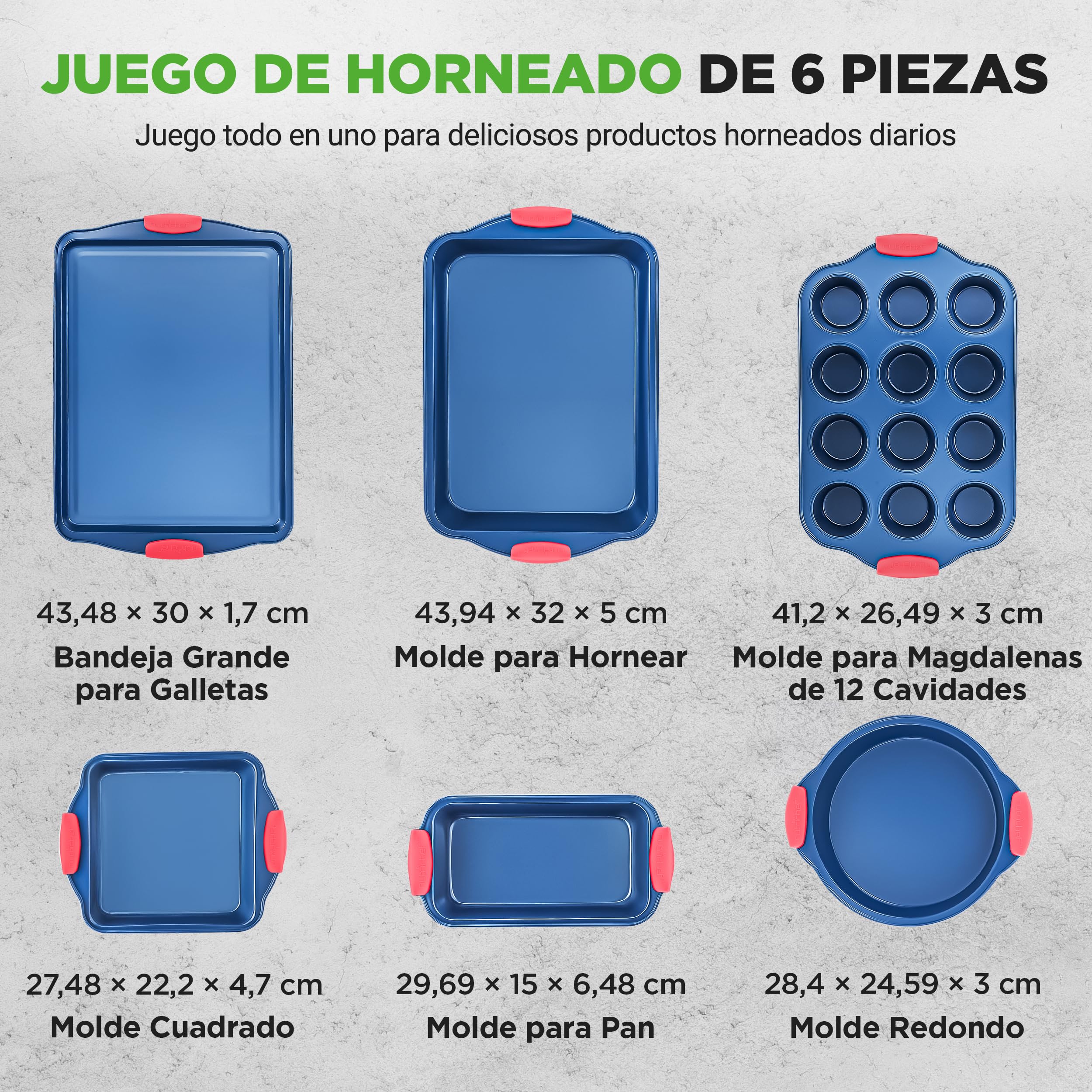 NutriChef juego de 6 moldes, Utensilios horno, Baking set, Reposteria, Antiadherentes, Libres de PFOA, PFOS, PFTEE, Aptos para hornos hasta 230°C (450°F), Mangos de silicona