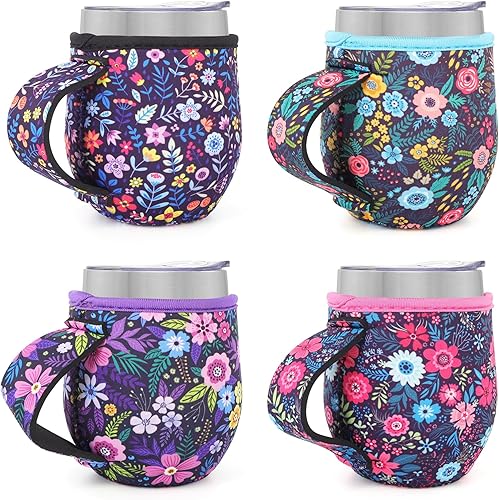 Paquete de 4 fundas aisladas de neopreno reutilizables con asa para copa de vino sin tallo de 12 onzas, tarros Mason de boca regular de 16 onzas