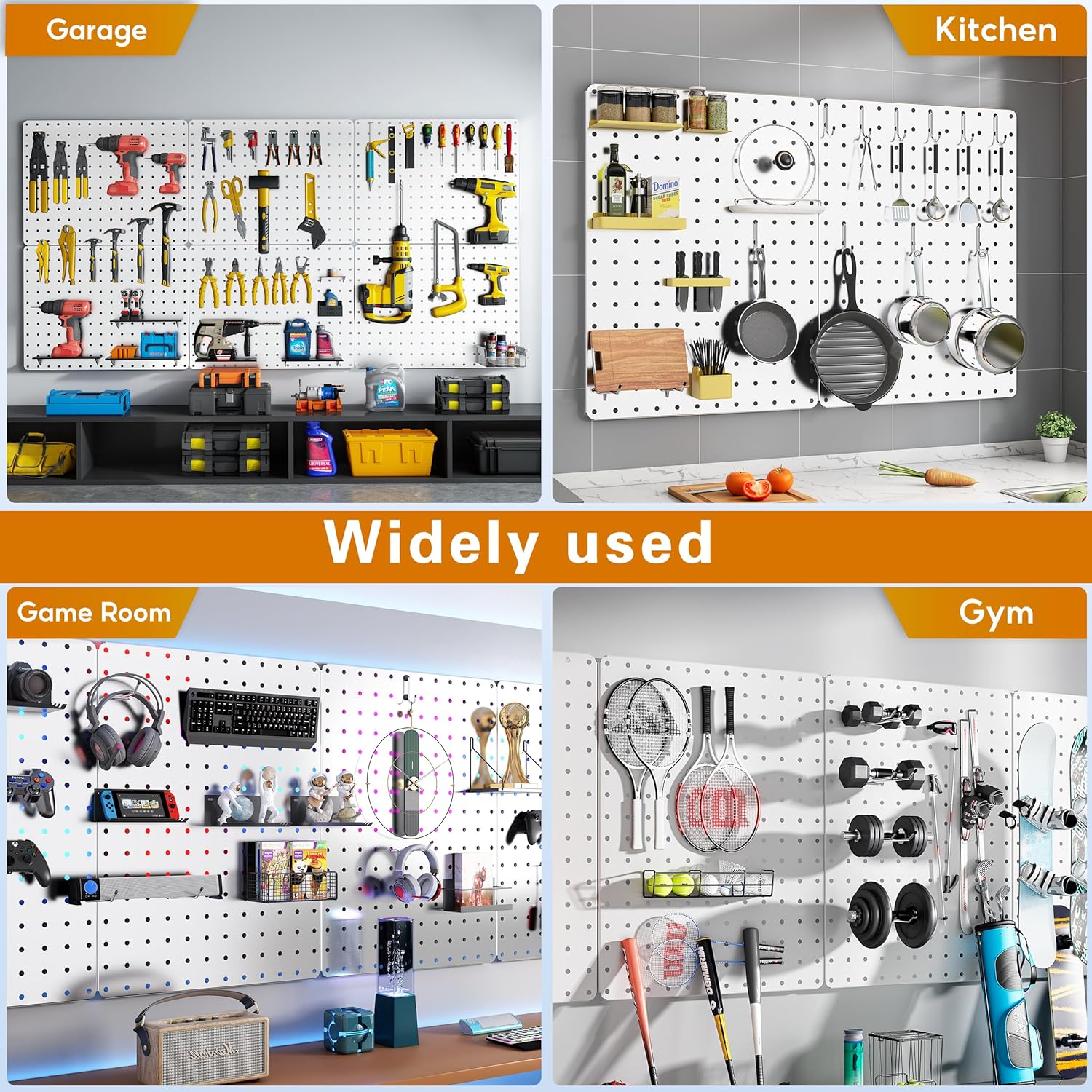 Peg Board, 112pcs Metal PegBoard Organizer with Accessories, 6 Pack 16'' x 12'' White Pegboard Panels with Hooks, Wall Organizer for Craft Room,Sewing Room,Office,Garage,Kitchen
