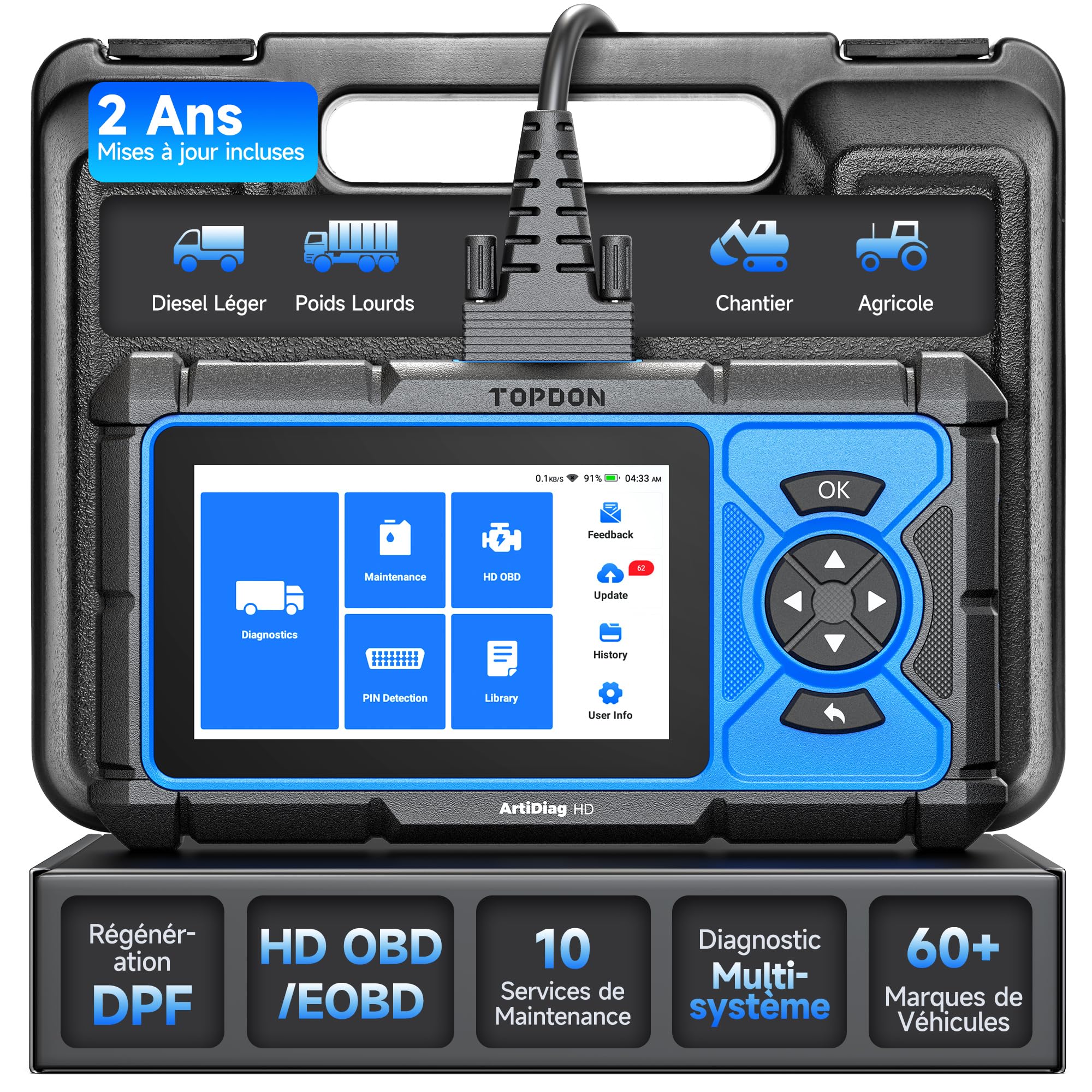 TOPDON ArtiDiag HD Valise Diagnostic Camion pour Poids Lourds