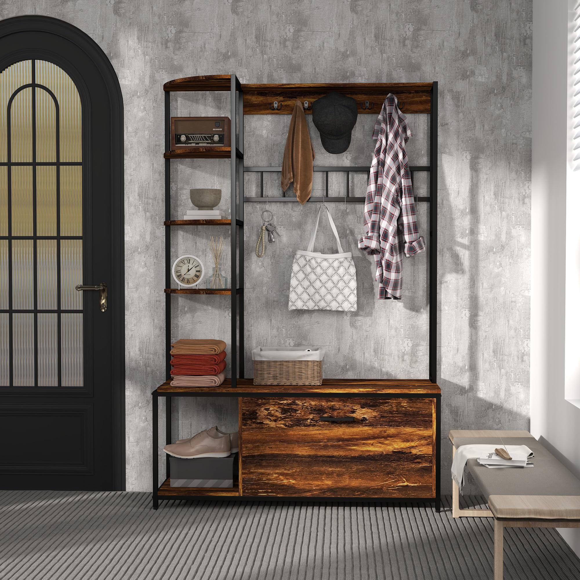 HOMCOM Perchero Zapatero Perchero Entrada Recibidor 4 en 1 con Banco Zapatero de 2 Pisos Estantes Ganchos Compartimento y Sistema Anti-vuelco para Pasillo Dormitorio 120x35x180 cm Marrón Oscuro