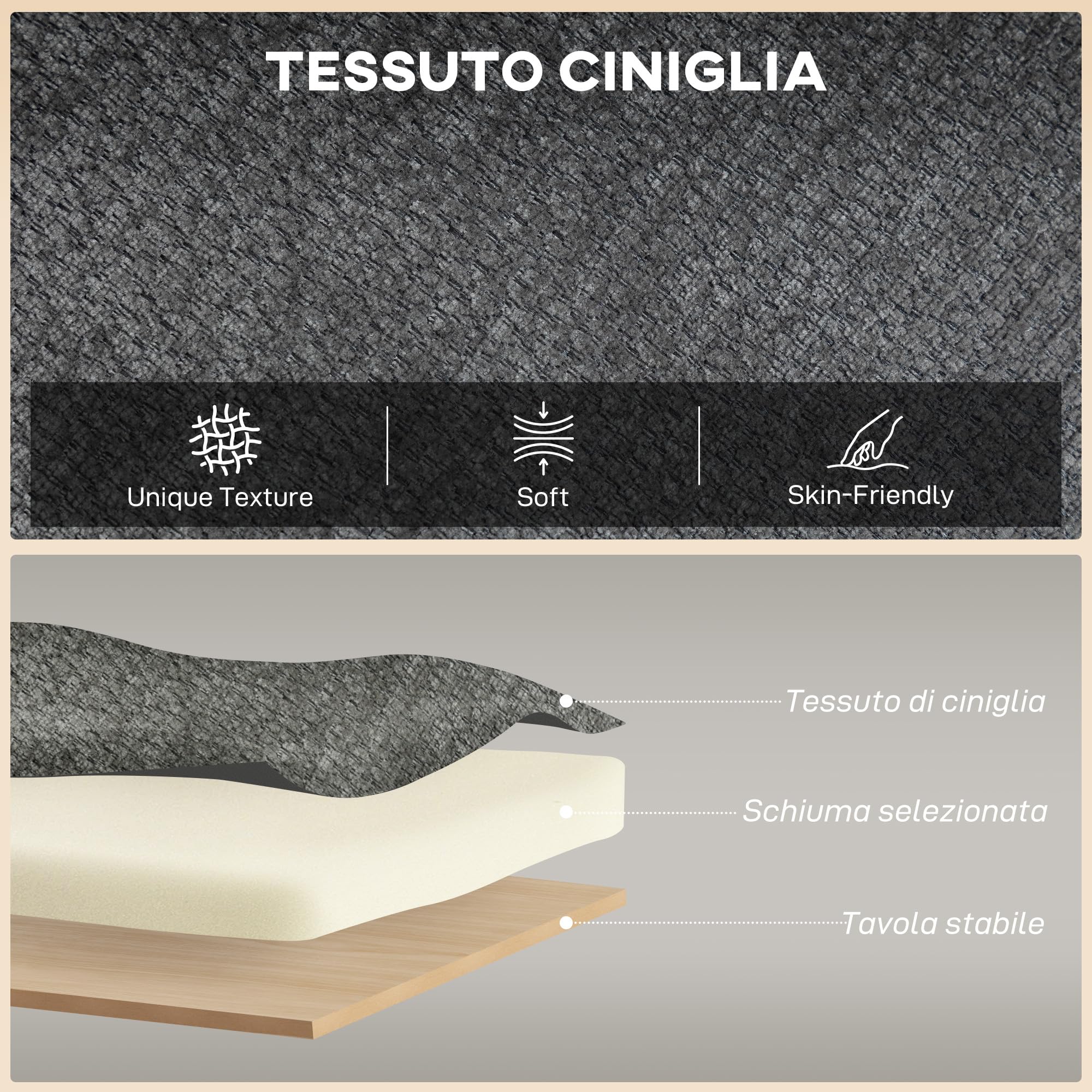 HOMCOM Divano 2 Posti in Ciniglia, Seduta Ampia, 117 x 65 x 78.5 cm, Grigio