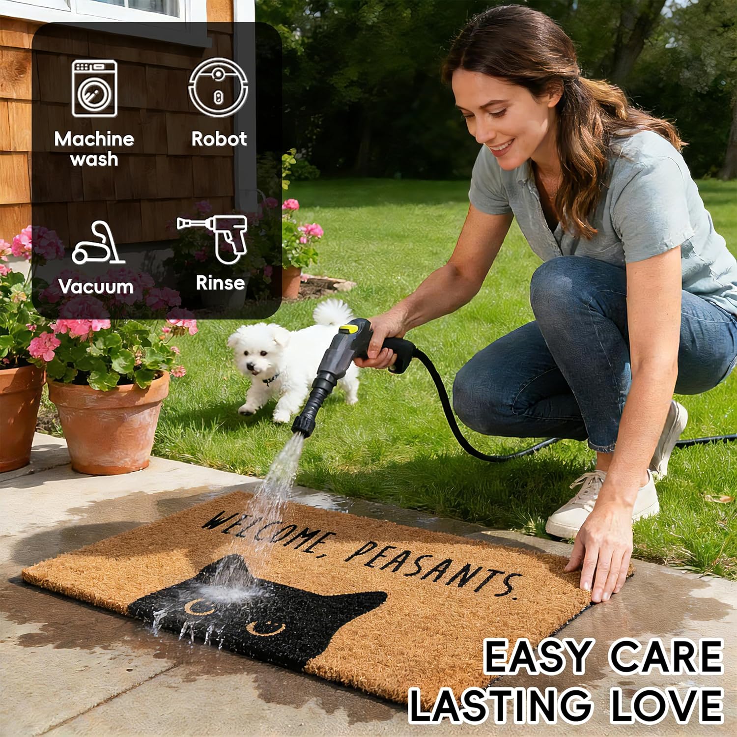 2 Pcs Welcome Peasants Black Cat Door Mat Set, Layered Artificial Coir Doormat with Black White Buffalo Plaid Mat, Non-Slip Cute Funny Front Door Mats for Cats Lovers Owners Porch, Entryway Decor