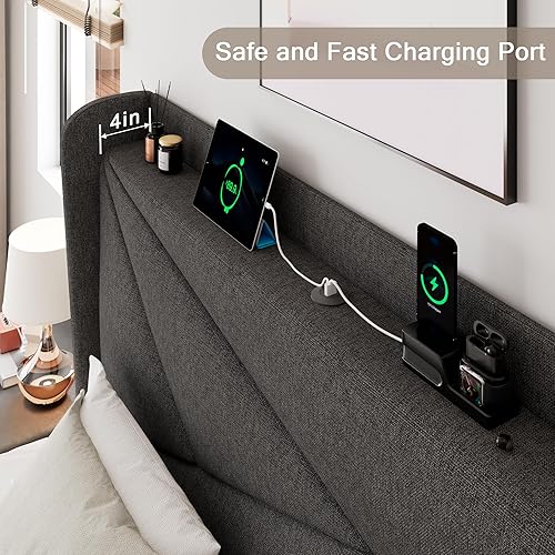 Miniatura 4 de Marco de cama tapizada de tamaño completo con estación de carga, marco de cama de plataforma con cabecera de almacenamiento, soporte de listones de