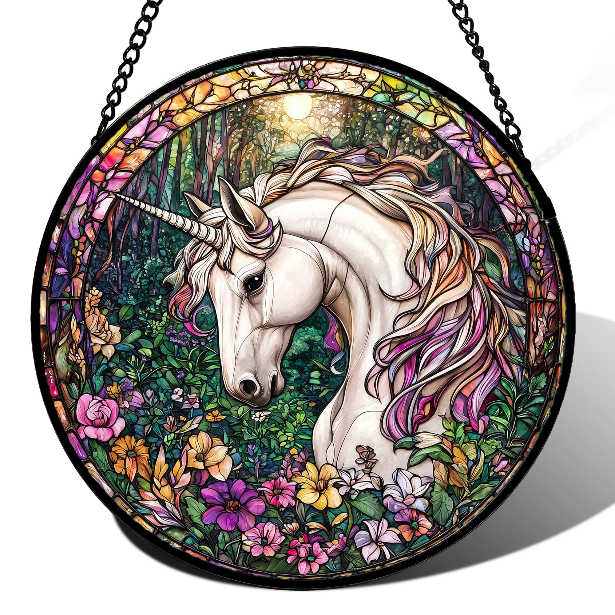 Unicorn in Flower Forest Stained Glass Window Hanging Suncatcher Gift 15"