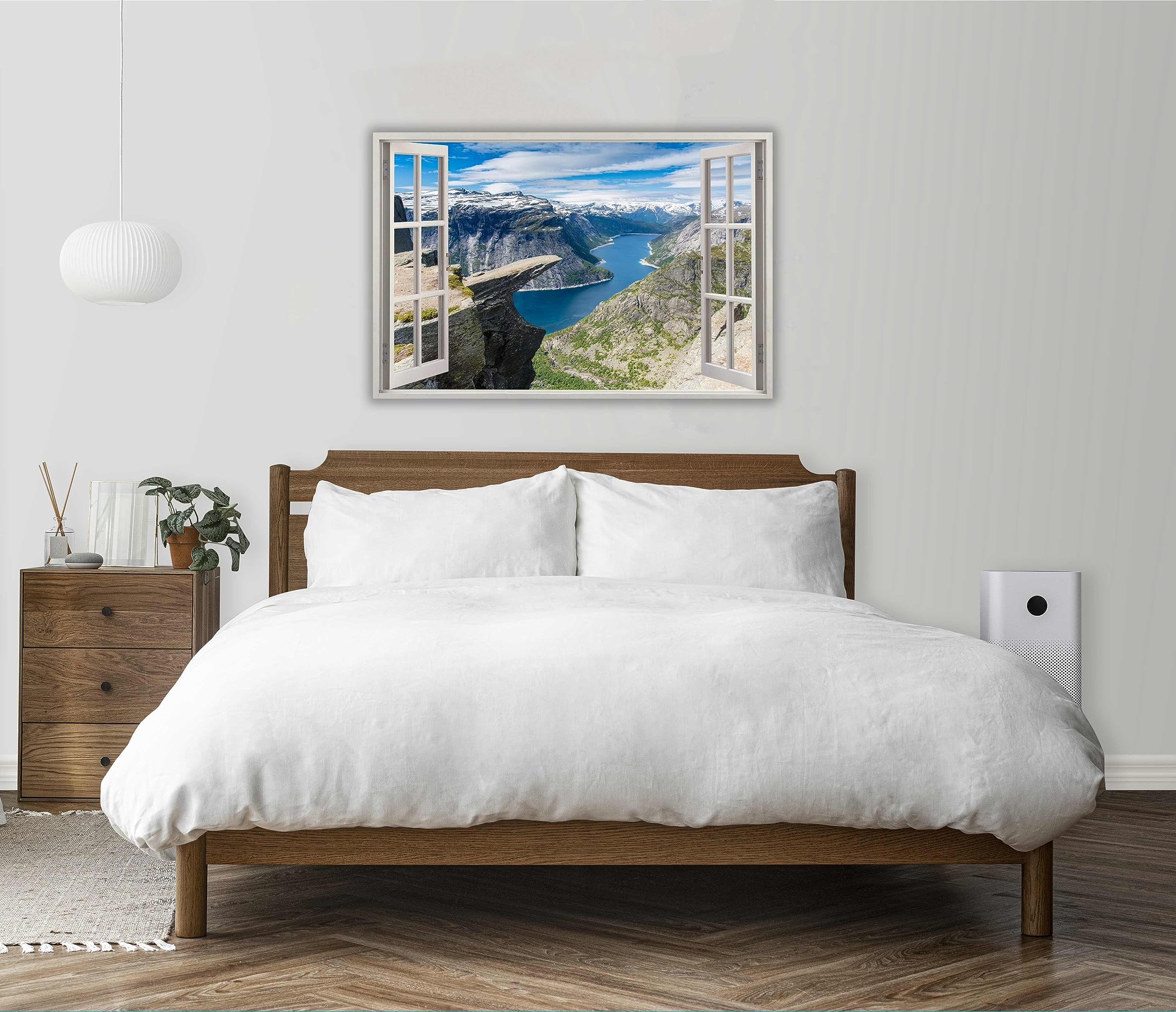HUBDECO Obraz na płótnie Widok z okna na fiordy Norwegii 120x80 cm - Obrazy krajobrazowe na płótnie - Obrazy ścienne do salonu - Obraz z oknem z widokiem - Estetyczne dekoracje pokojowe - Dekoracja