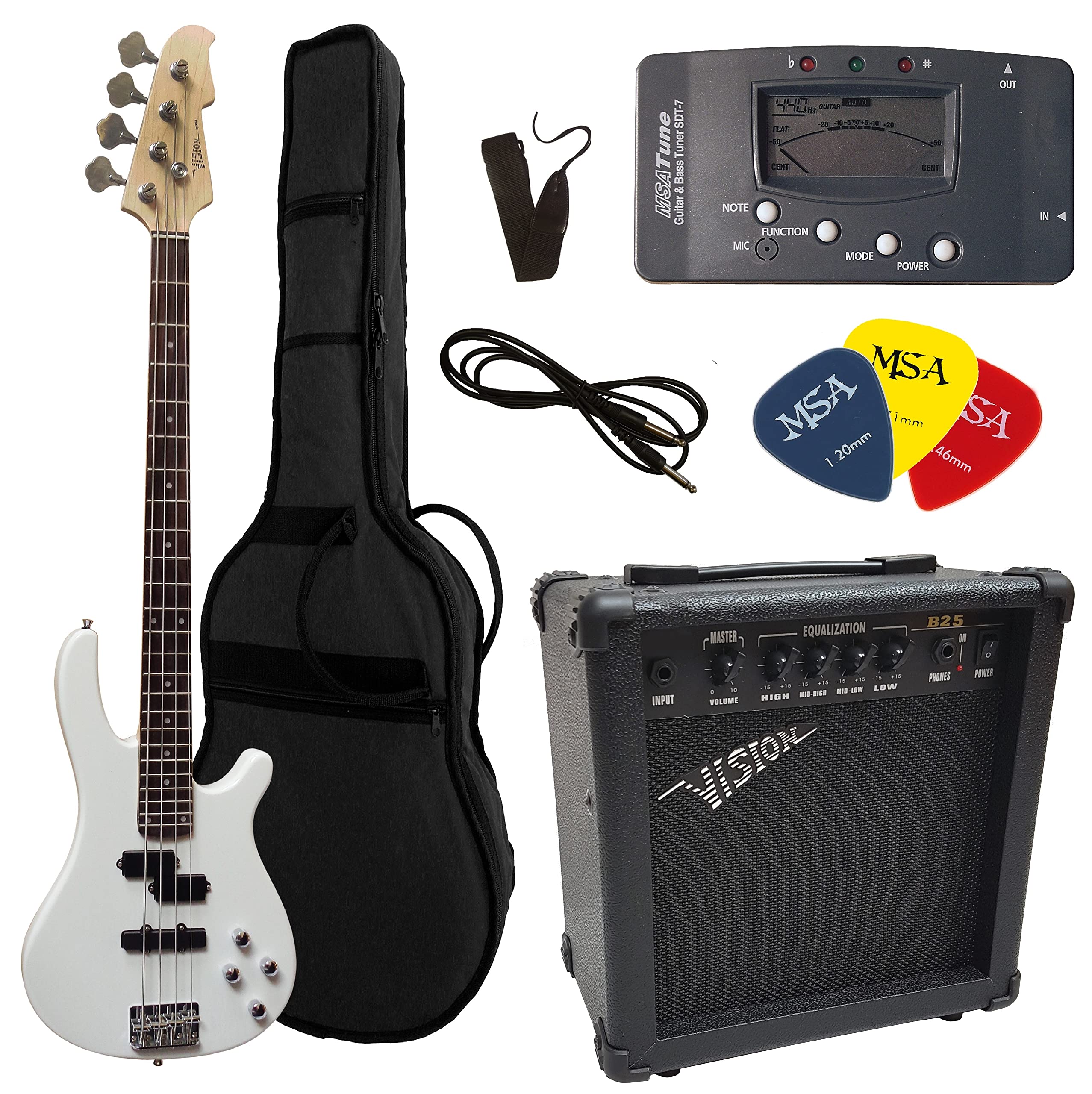 BASSO ELETTRICO BIANCO - BASSI ELETTRICA WHITE - SET ELLETRICHE CON AMPLIFICATORE DA 30WATT - BORSA - PLETTRO - CORDE - MSA musicinstrument