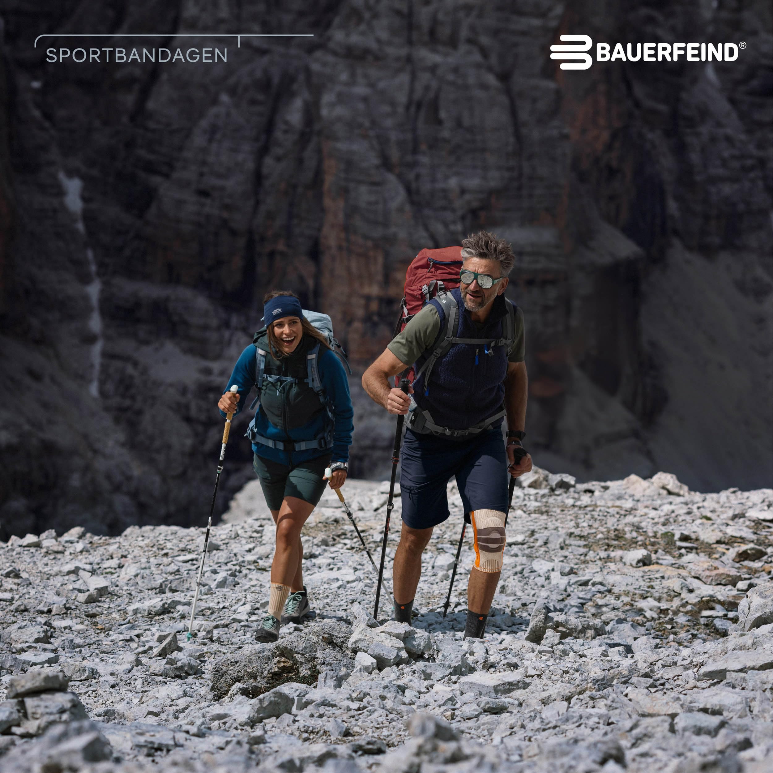 BAUERFEIND Kniebandage zum Wandern „Outdoor Knee Support“, 1 Unisex Wanderbandage zur Wanderausrüstung, Rechts & Links tragbar, Individuell einstellbarer Strap, Merino Wolle