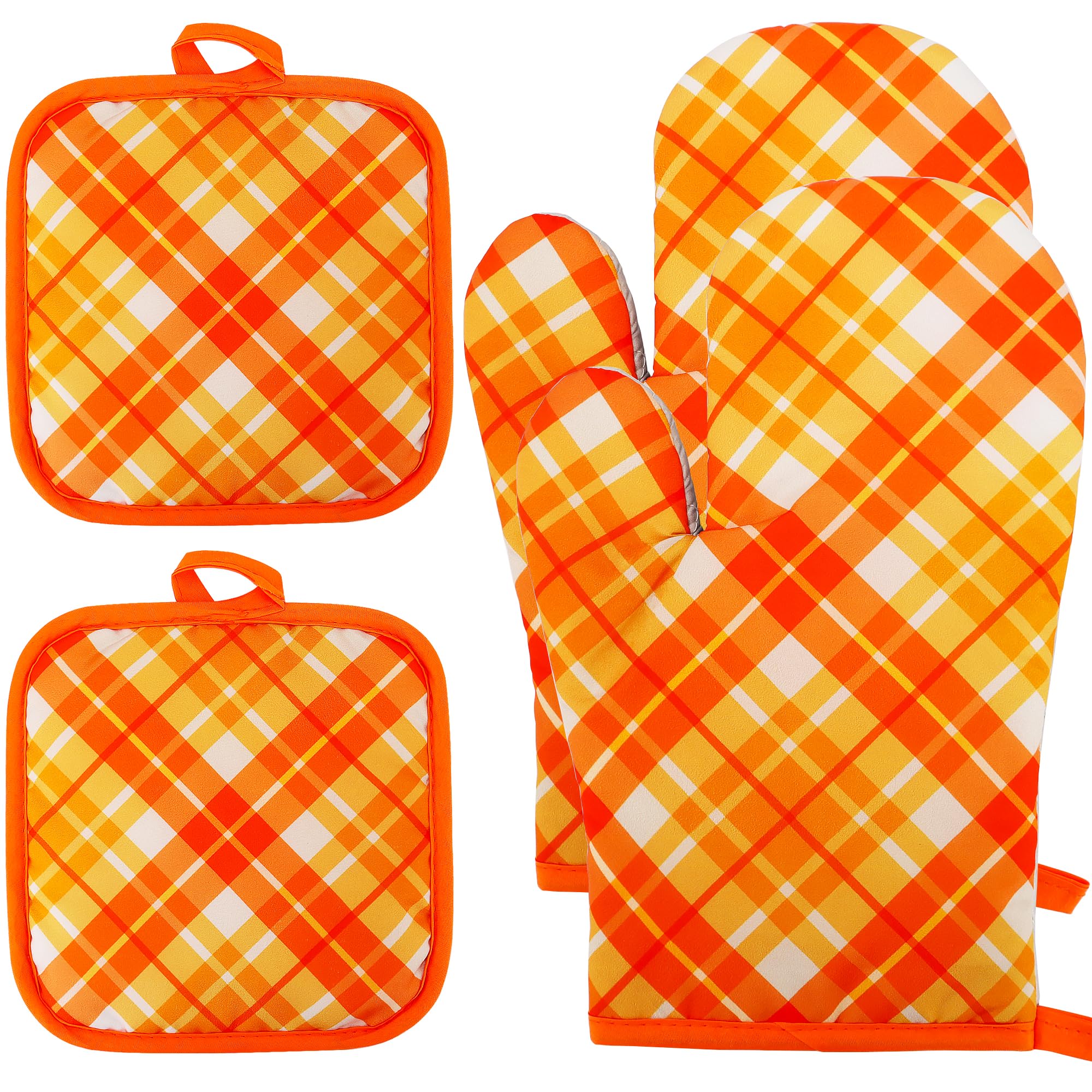 Juego de 4 manoplas de horno y soportes para ollas de otoño, Acción de Gracias, otoño, a cuadros, guantes de horno y agarraderas, resistentes al calor, guantes de cocina antideslizantes para