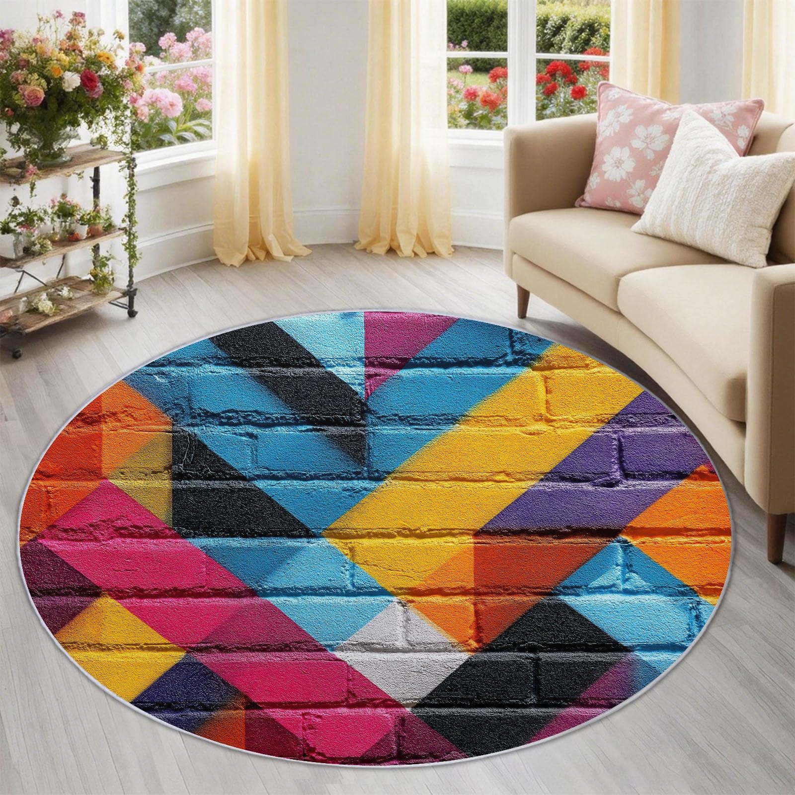 Tapis rond 120 cm graffiti de rue déco briques salon et chambre