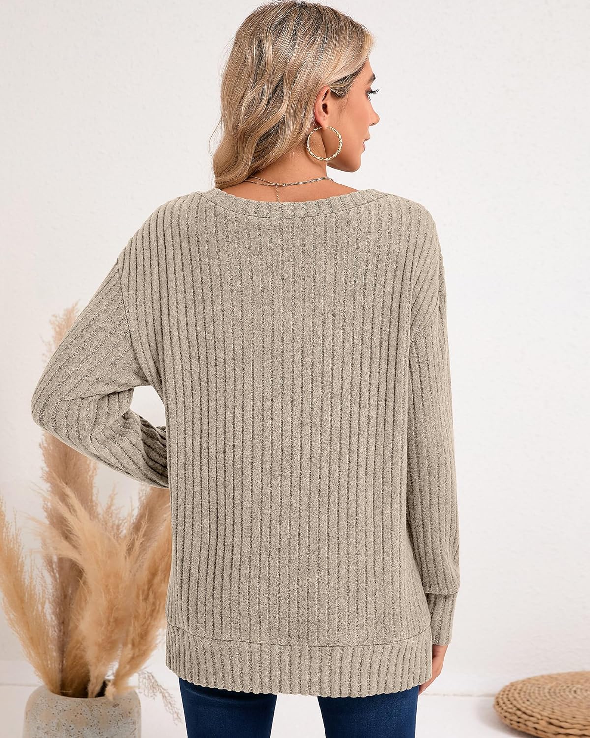 Ficerd 2 Pack Women's Long Sleeve Sweaters, Lightweight V Neck Tops Loose Pullover Sweaters Causal Tunictops 2025 Trendy - Image 2