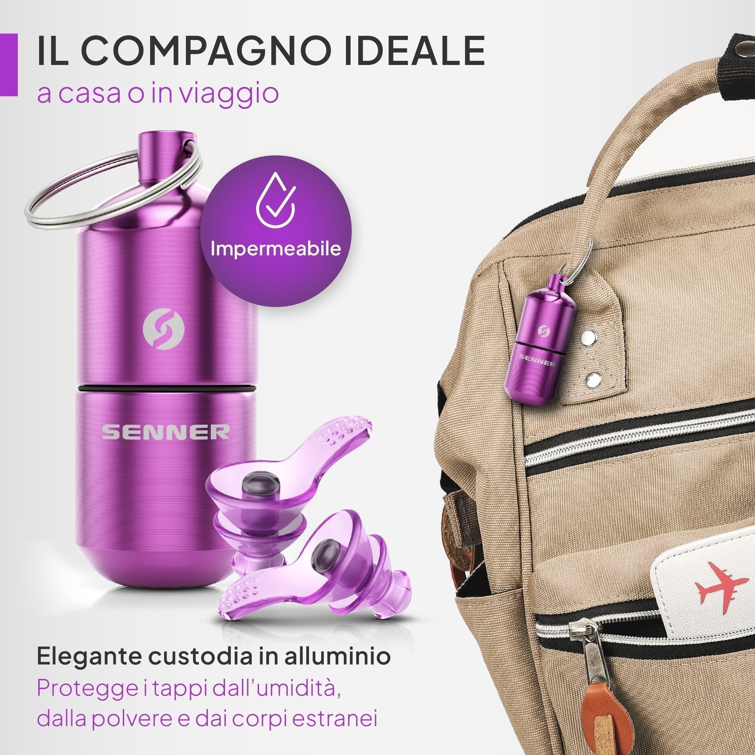 Senner ® DreamPro - Tappi orecchie per sonno tranquillo - Protezione udito in ambienti rumorosi, per chi dorme di fianco - Anti Russamento - Ipoallergenici, 2 misure, Contenitore alluminio