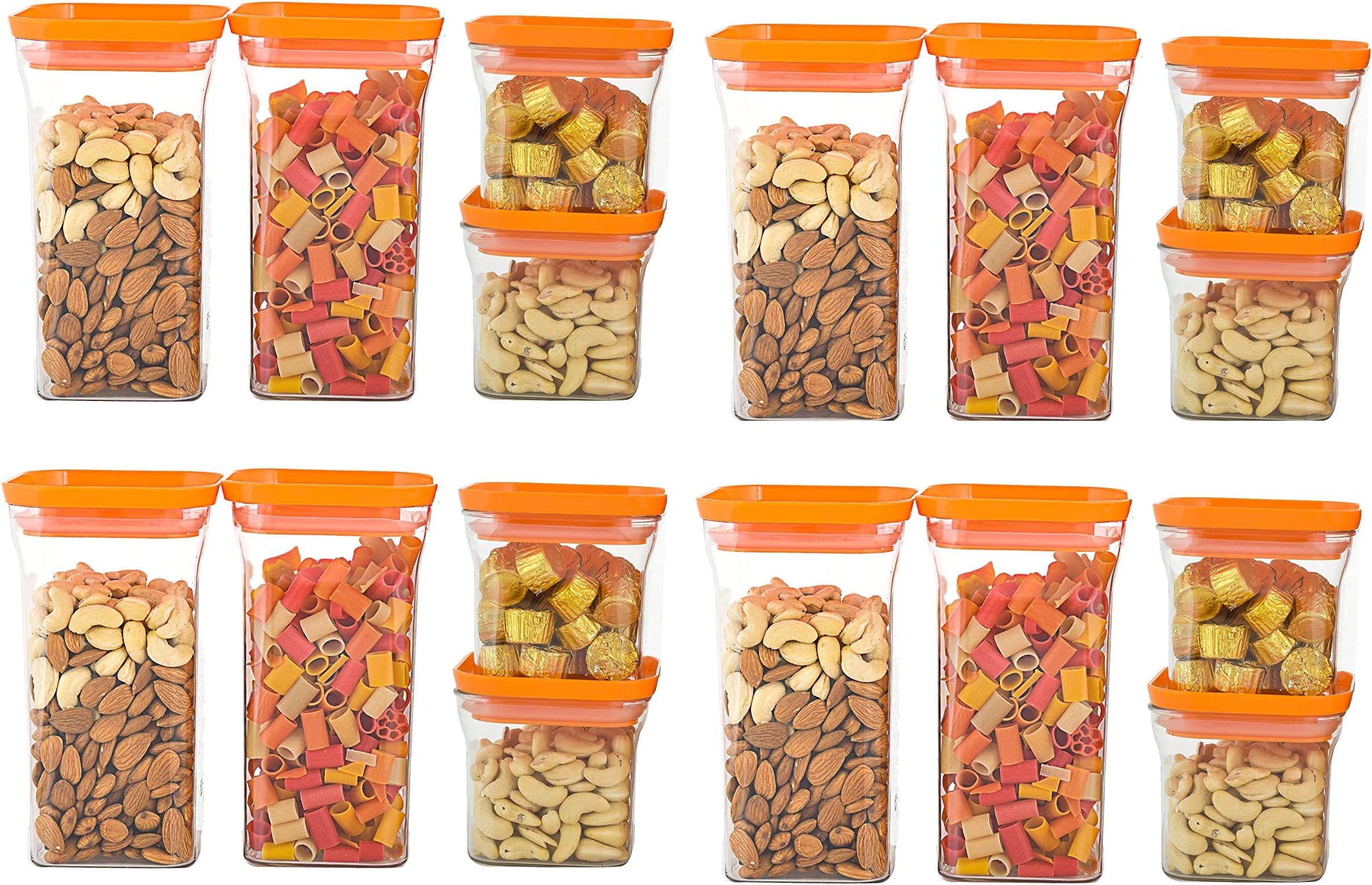 Square Air Tight Food Storage Jar Kitchen Container Set - 16 Pcs | 1100ml x 8, 600ml x 8