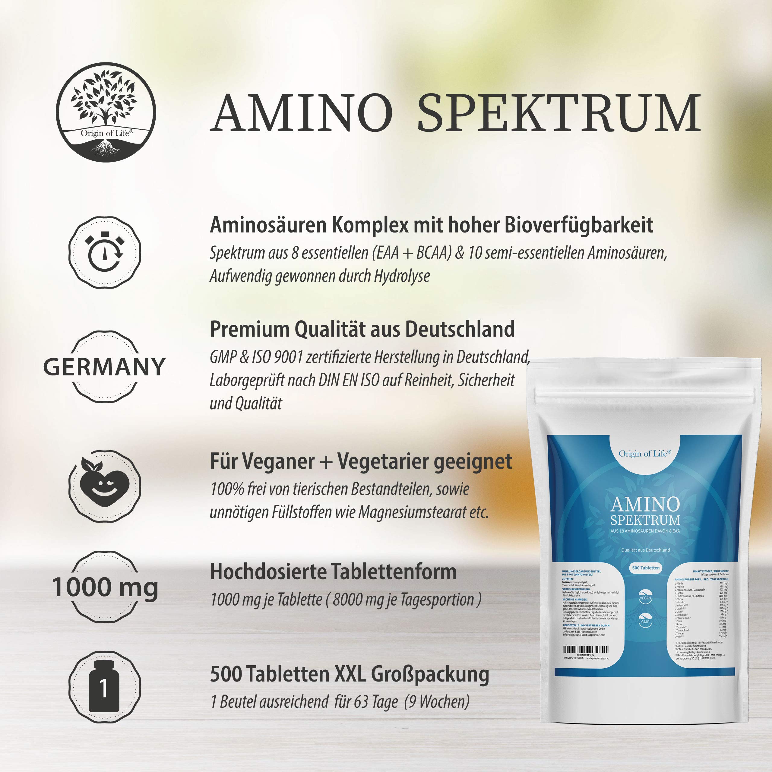 Amino Spektrum - 500 Tabletten a 1000mg - Hochdosiert & Vegan - Big Pack - 18 Aminosäuren inkl. 8 EAA´s & BCAA - Laborgeprüft - ohne Magnesiumstearat | Hochdosiert, laborgeprüft, ohne Magnesiumstearat, vegan