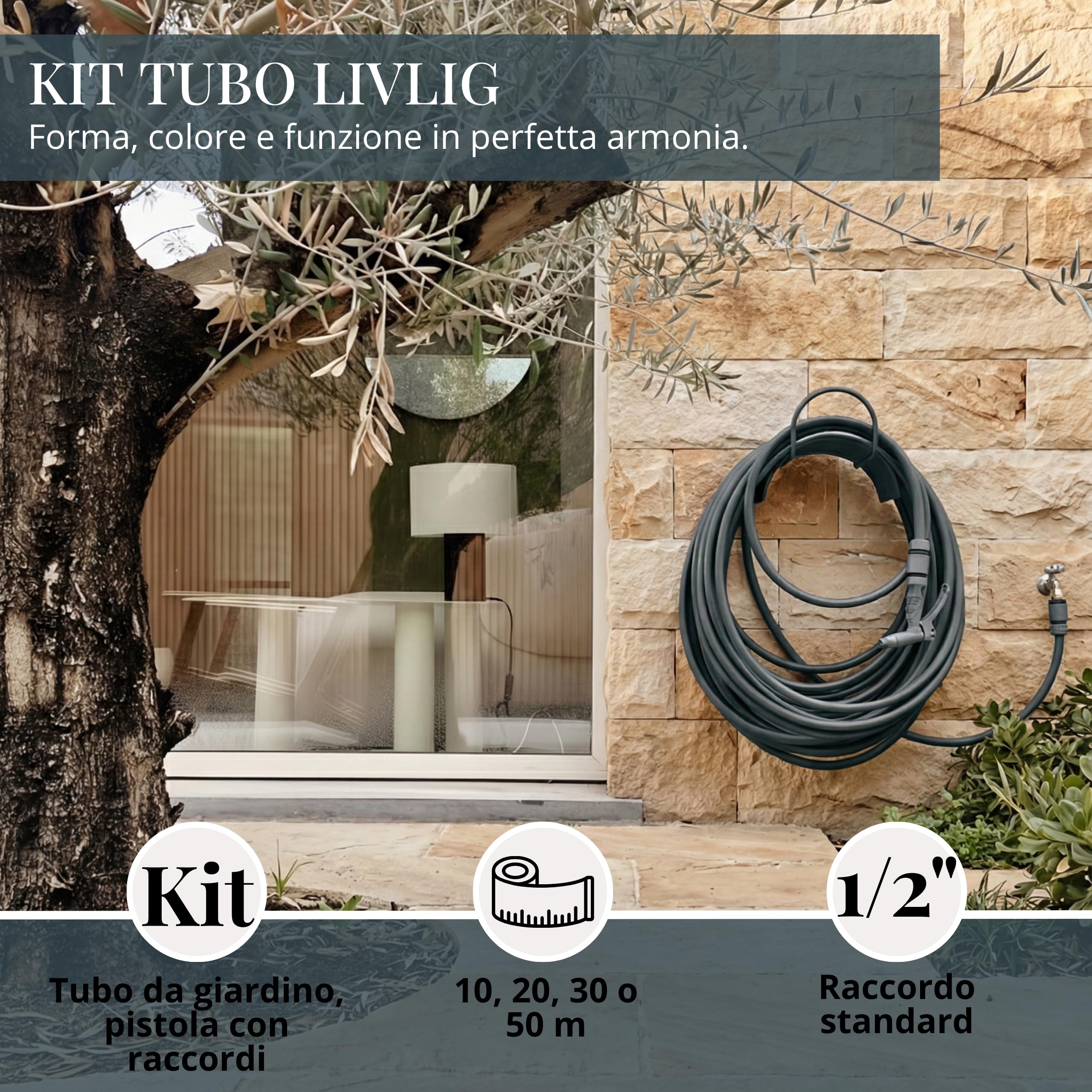 LIVLIG Set tubo 50 m 1/2" – tubo resistente UV e anti‑piegatura con pistola e raccordi (G3/4, stop 1/2, rapido) – Antracite