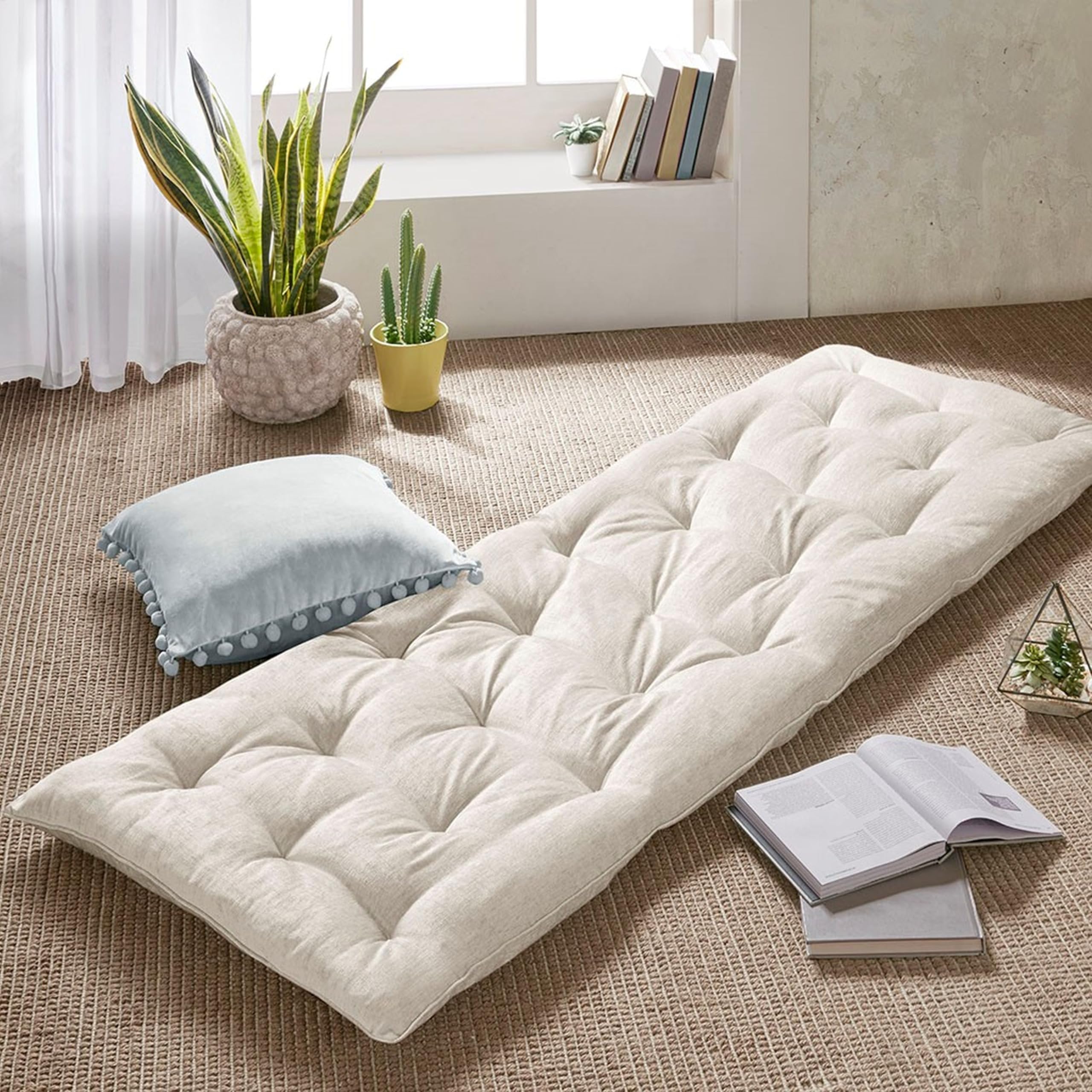Intelligent Design Edelia Foldable Poly Chenille Light Weight Lounge Floor Pillow Cushion Tufted Seat for Meditation, Game Playing, Yoga, Reading with Travel Wrap, 74x27, Ivory
